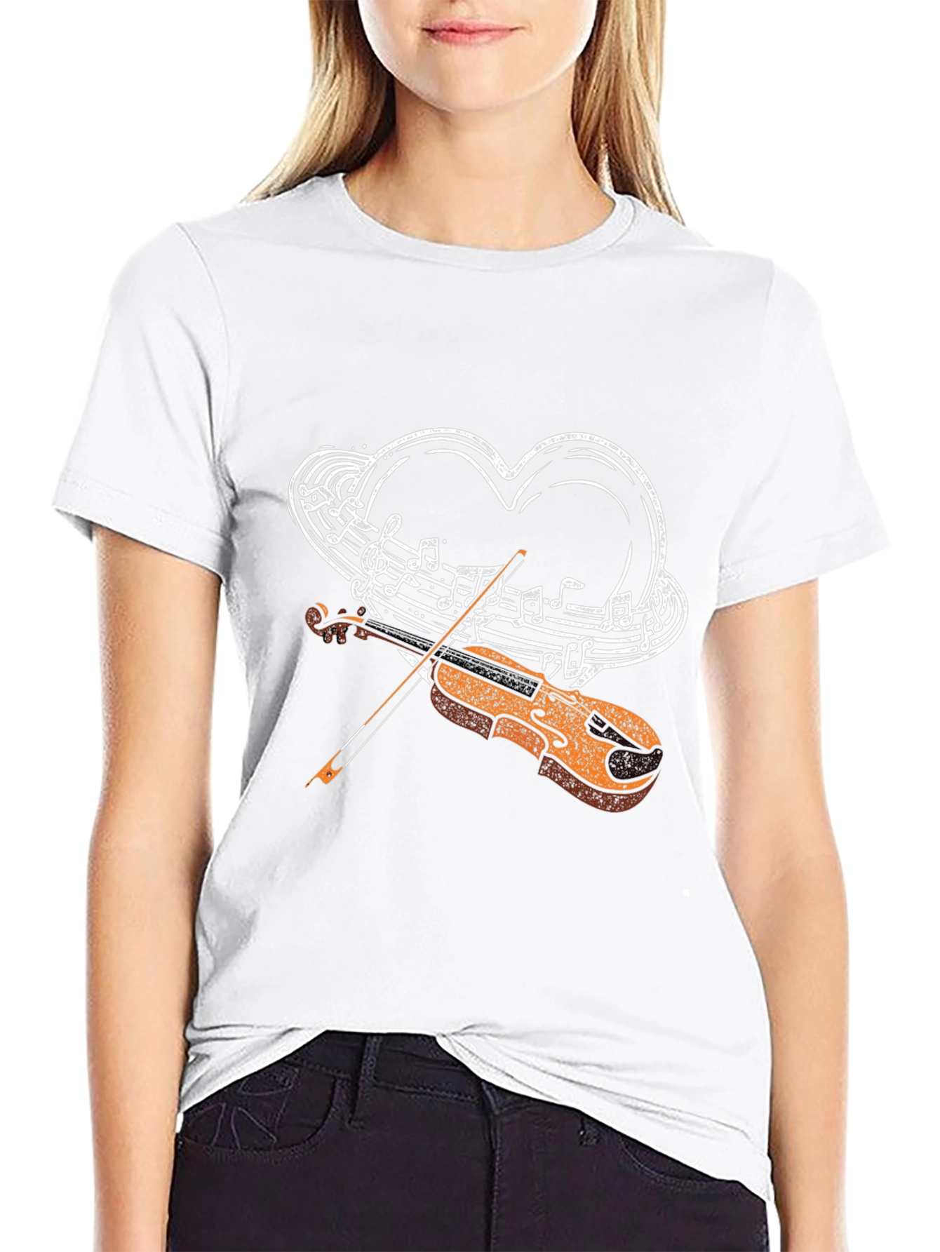 Musical Heart Violin Graphic Tee - Black Casual Style