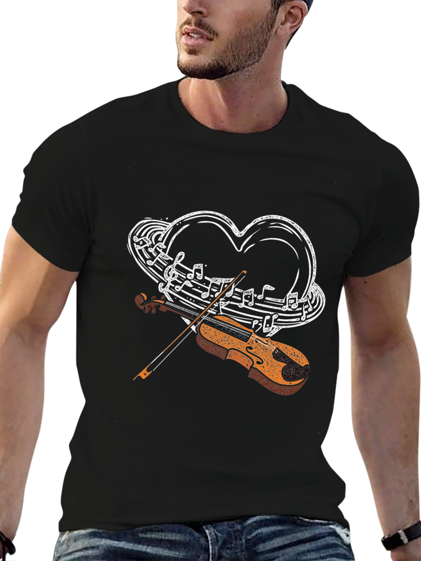 Musical Heart Violin Graphic Tee - Black Casual Style