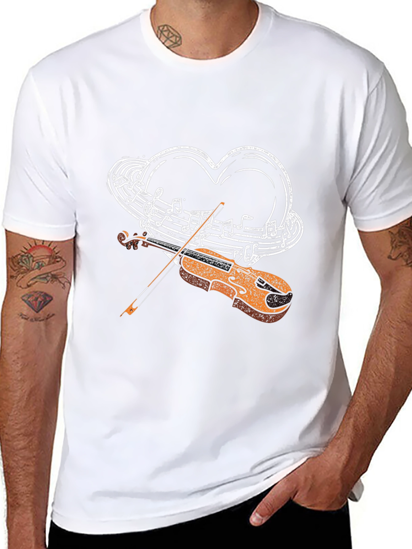 Musical Heart Violin Graphic Tee - Black Casual Style