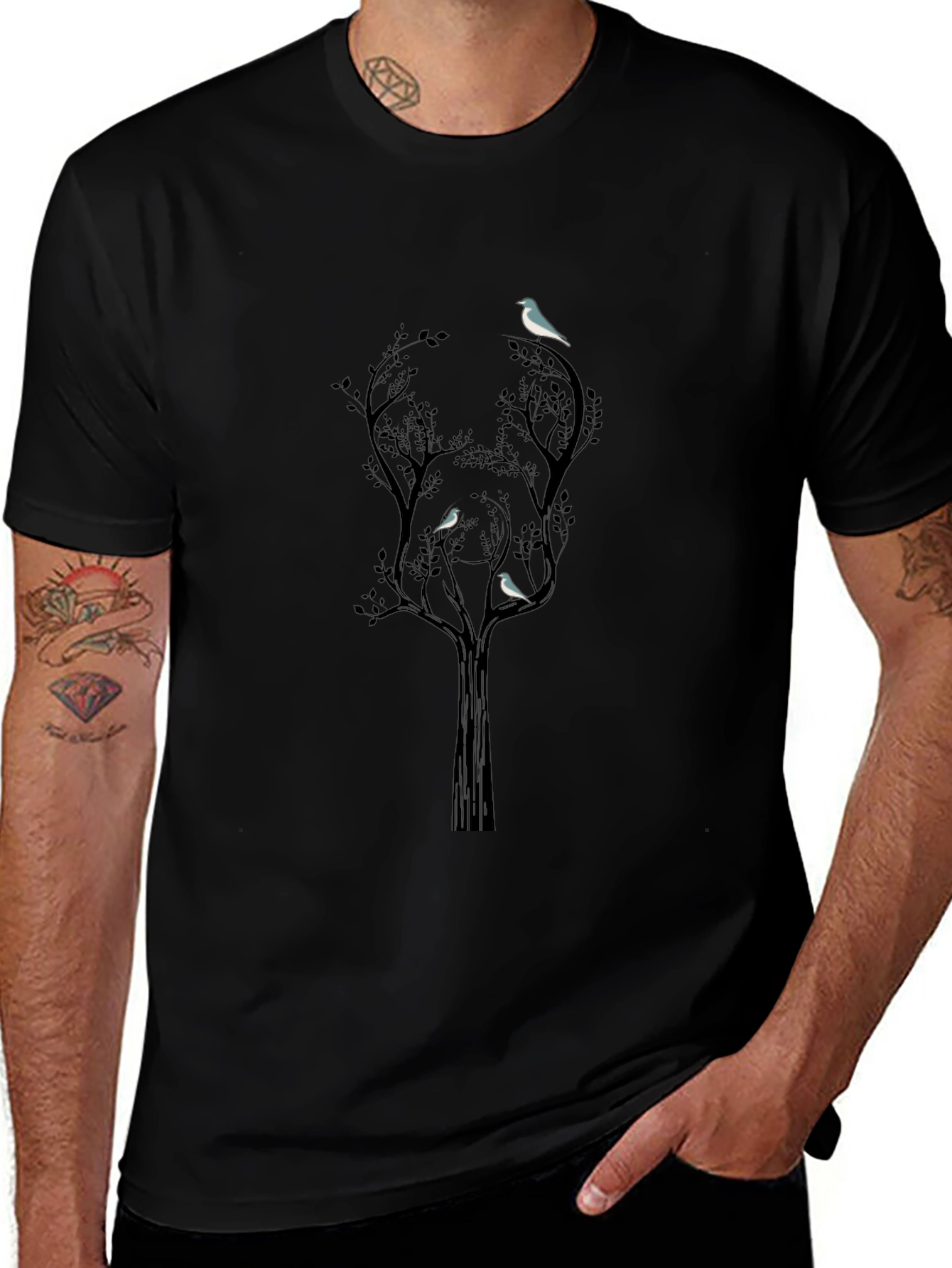 Bird Tree Graphic T-Shirt - Black