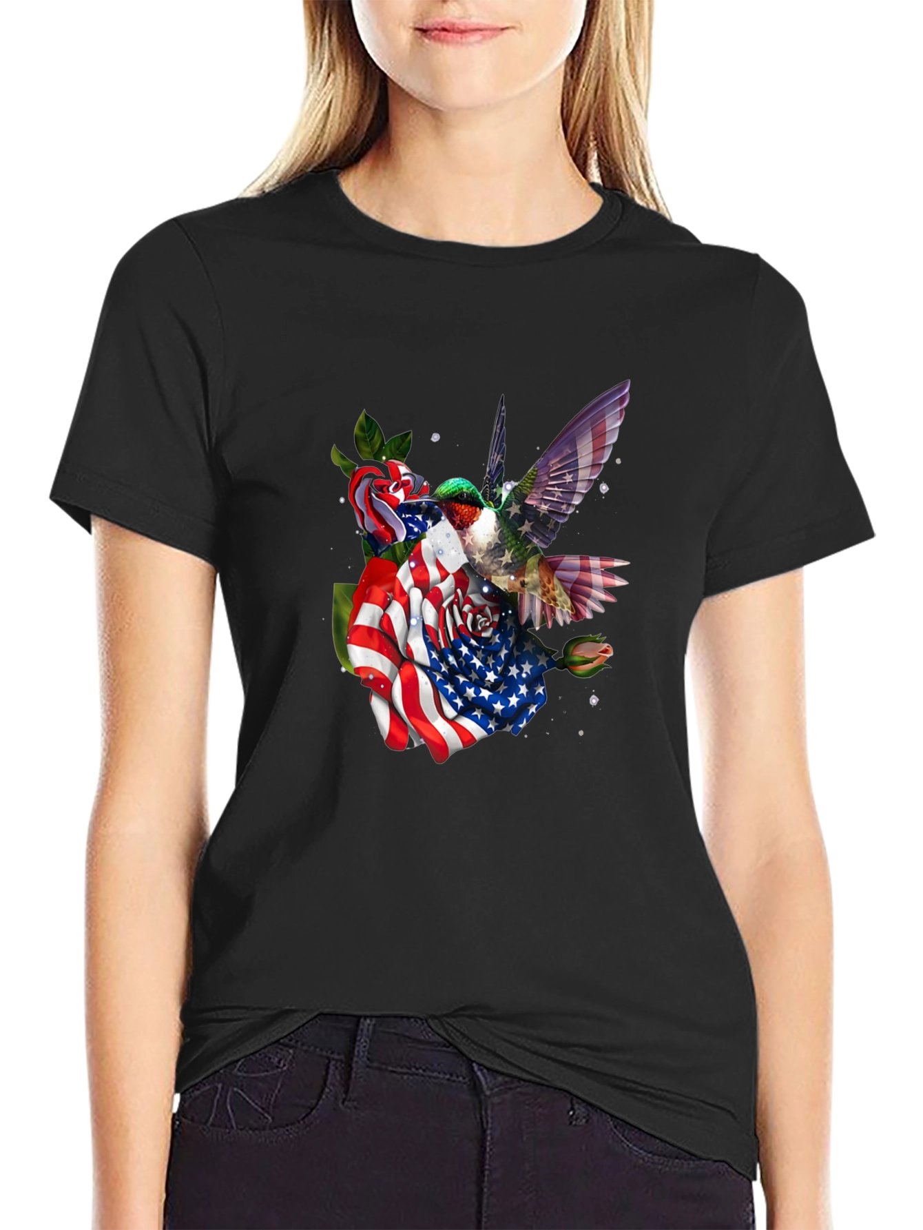 Hummingbird American Flag Floral T-Shirt
