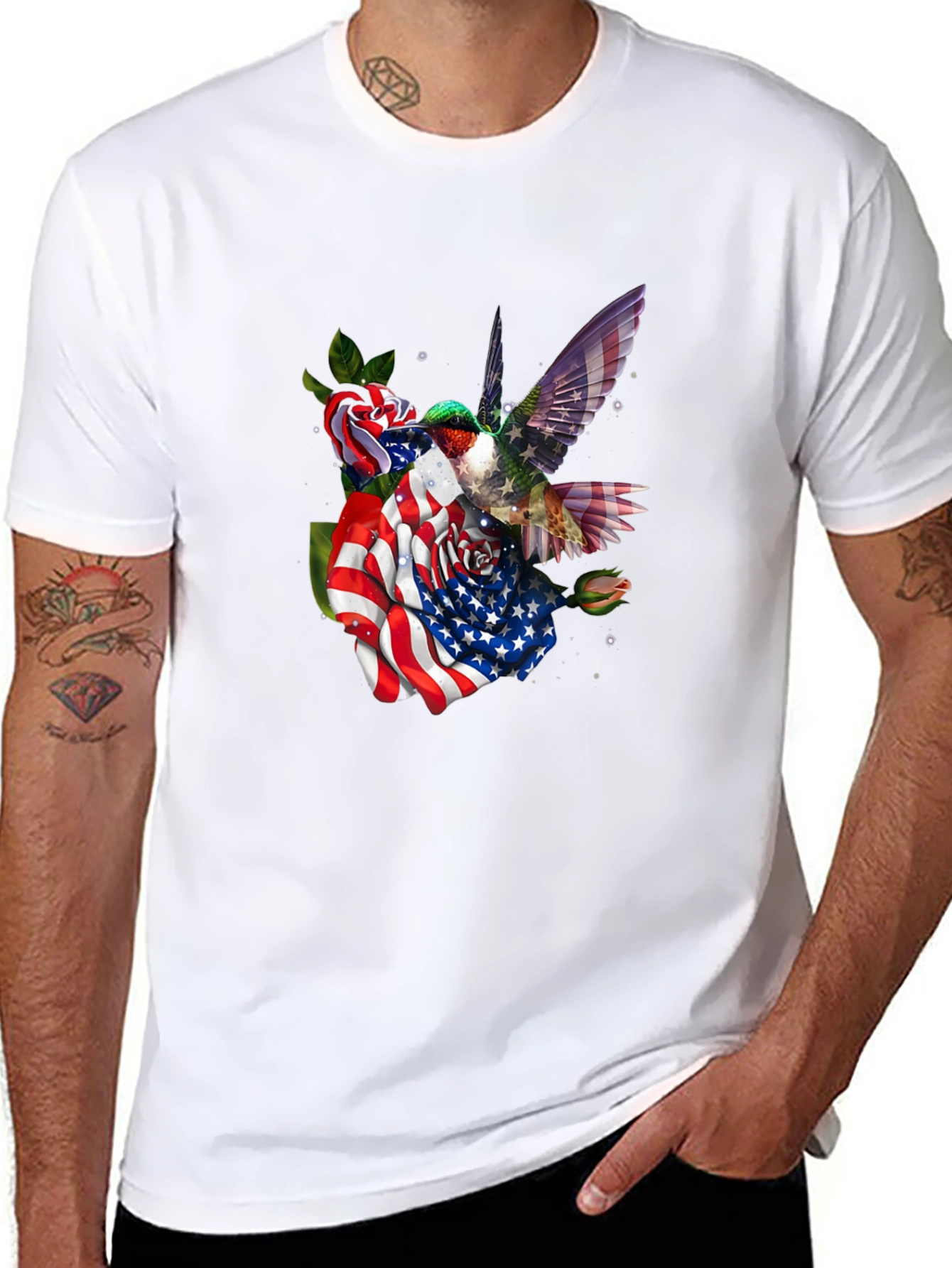 Hummingbird American Flag Floral T-Shirt