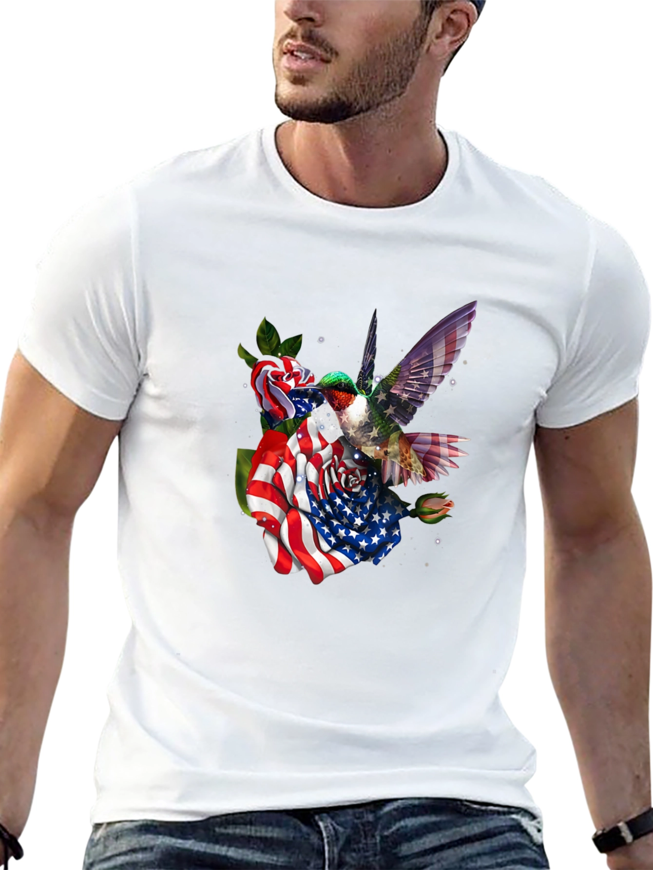 Hummingbird American Flag Floral T-Shirt