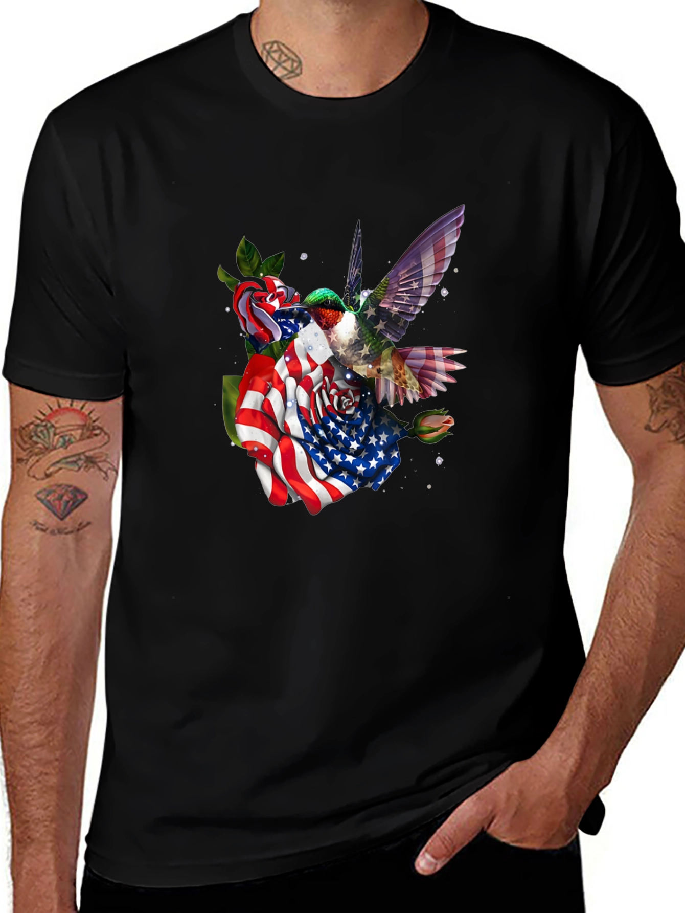 Hummingbird American Flag Floral T-Shirt
