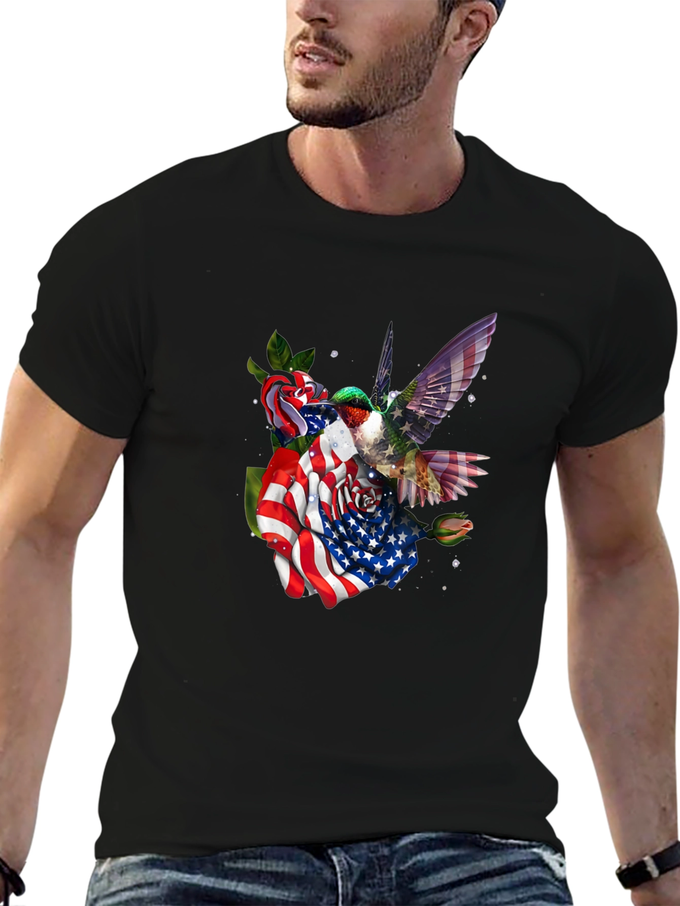 Hummingbird American Flag Floral T-Shirt