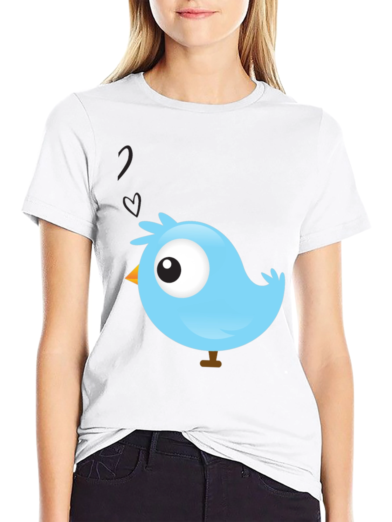 Cute Blue Bird Graphic Black T-Shirt