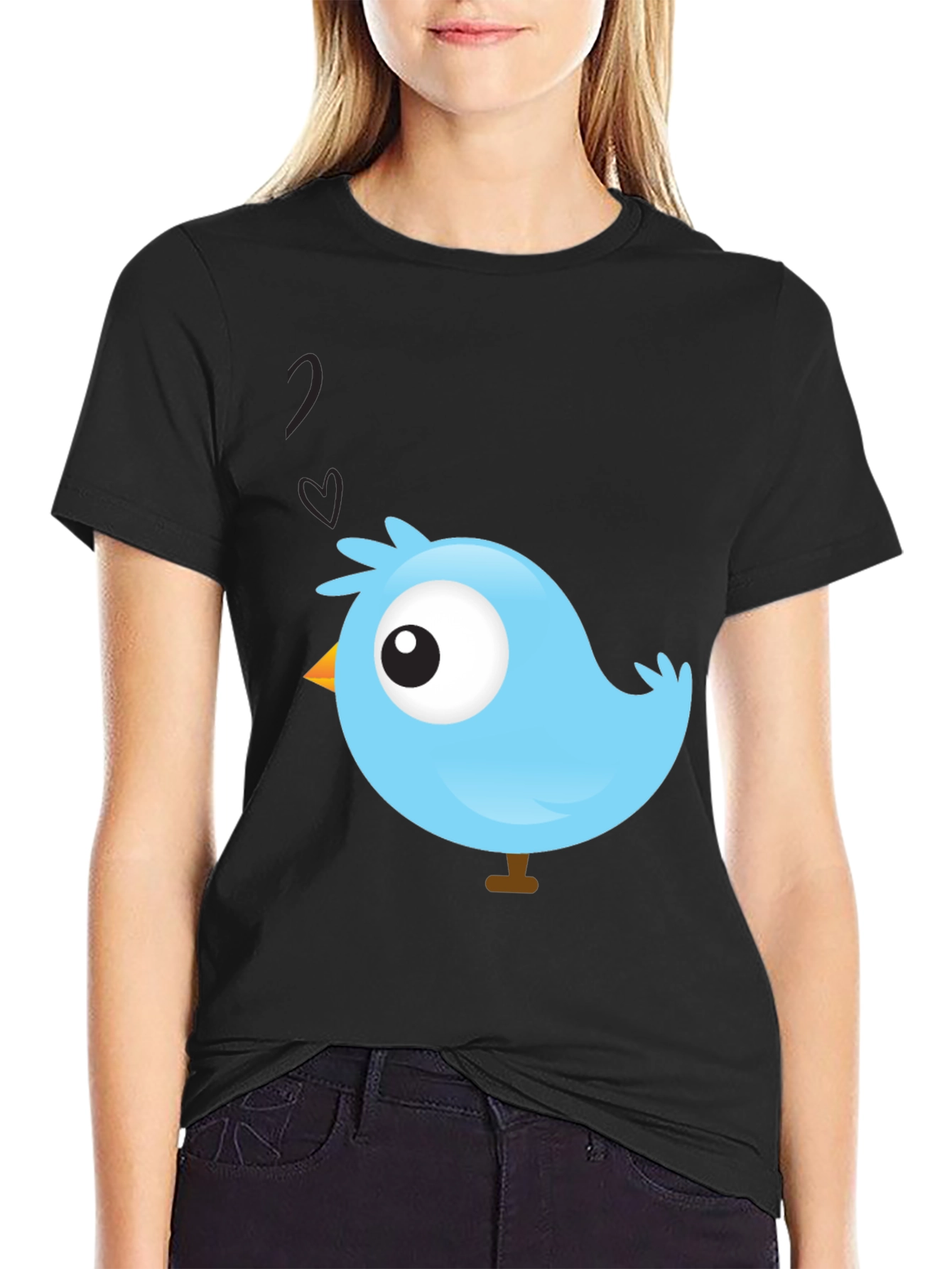 Cute Blue Bird Graphic Black T-Shirt