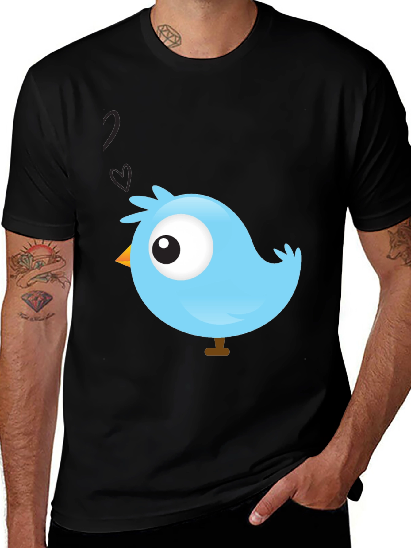 Cute Blue Bird Graphic Black T-Shirt