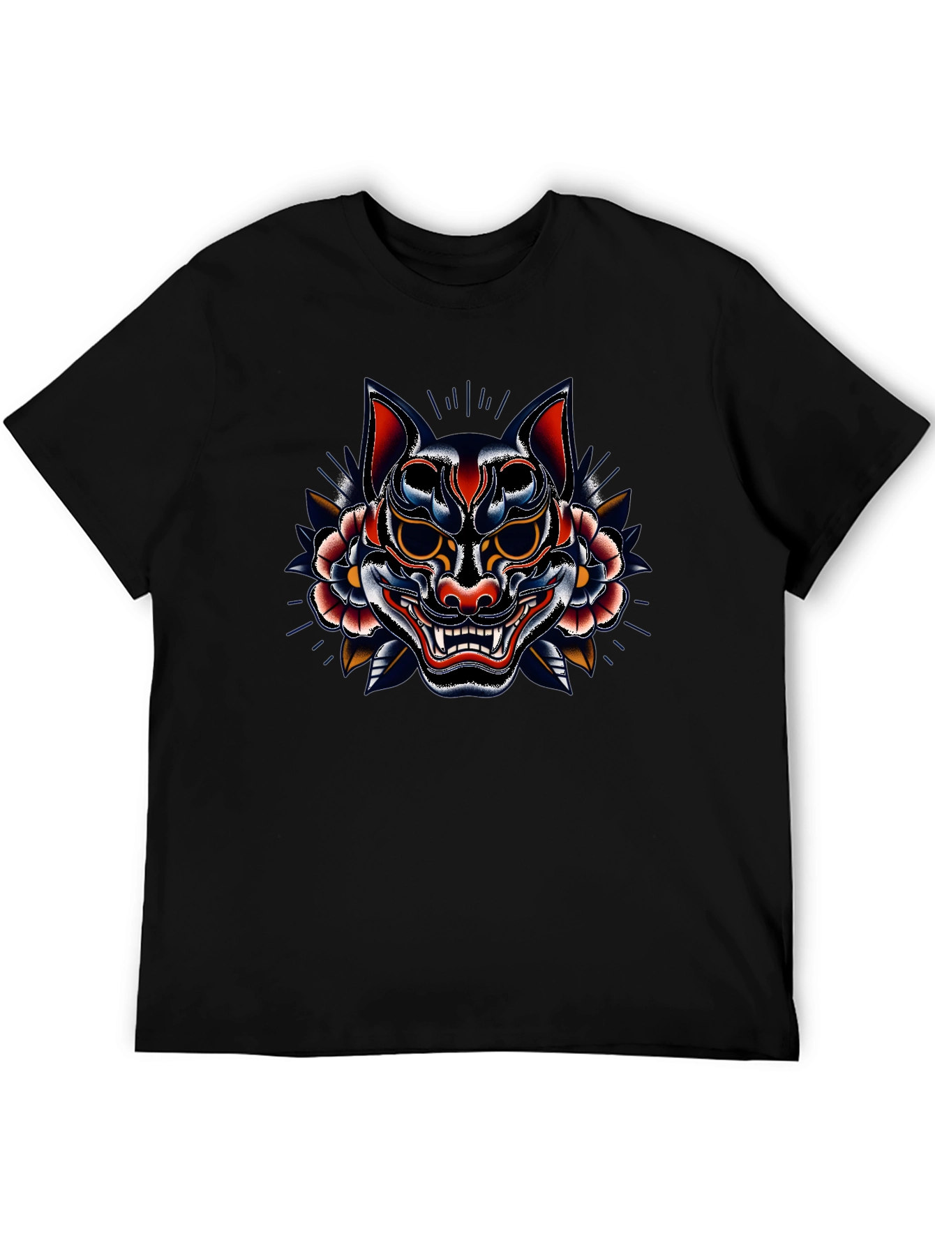 Mens Black T-Shirt with Oni Mask Graphic
