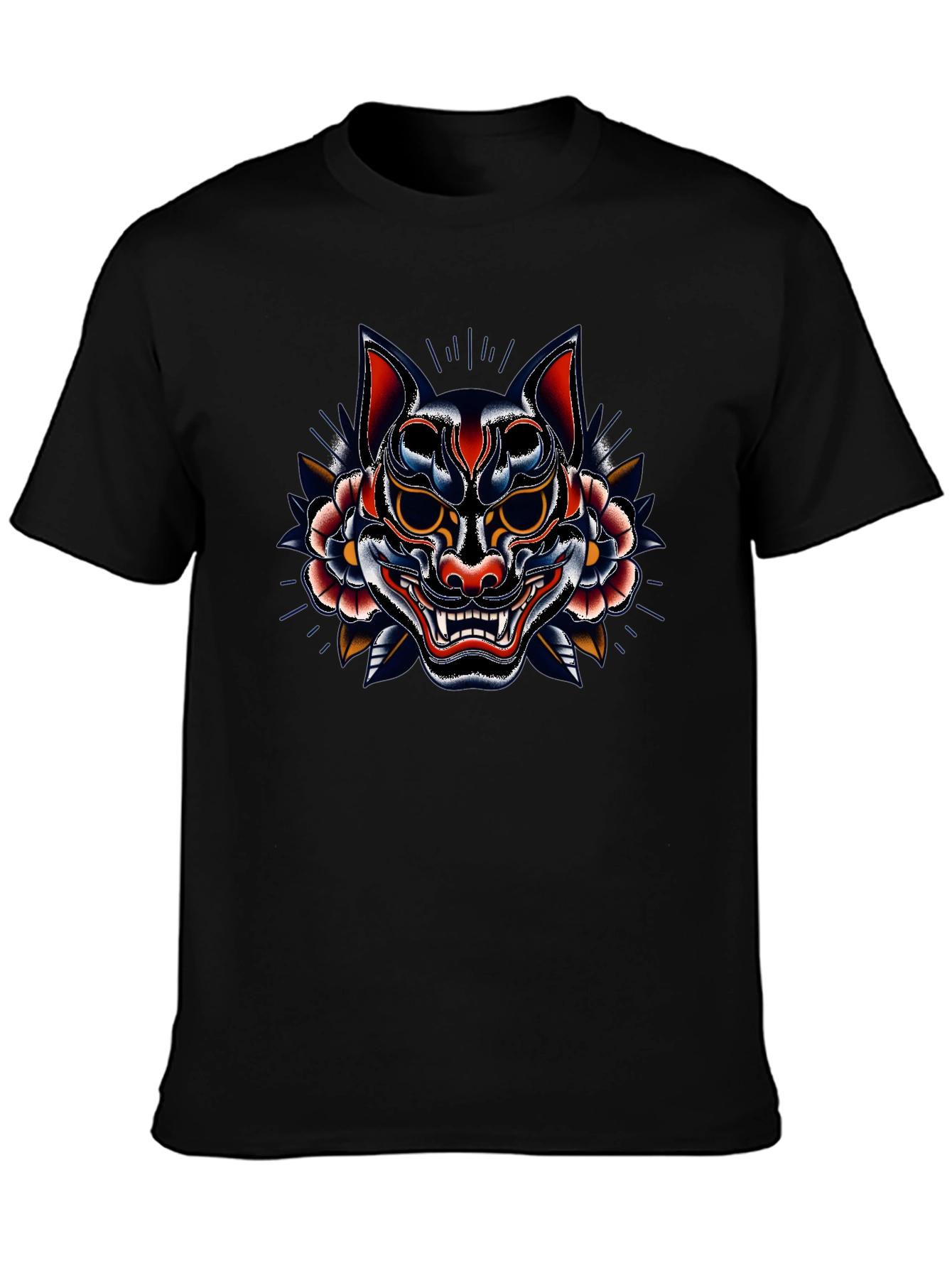 Mens Black T-Shirt with Oni Mask Graphic