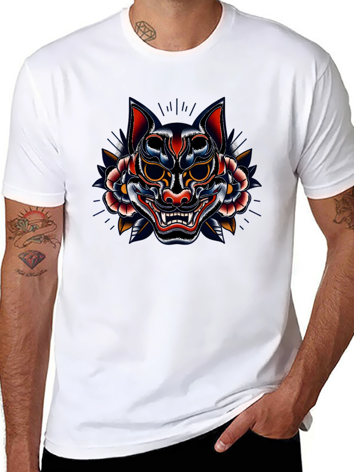 Mens Black T-Shirt with Oni Mask Graphic