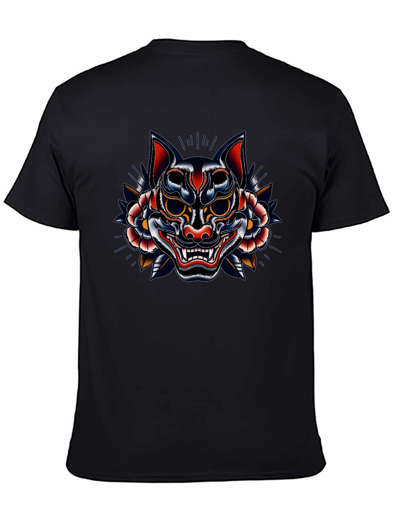Mens Black T-Shirt with Oni Mask Graphic
