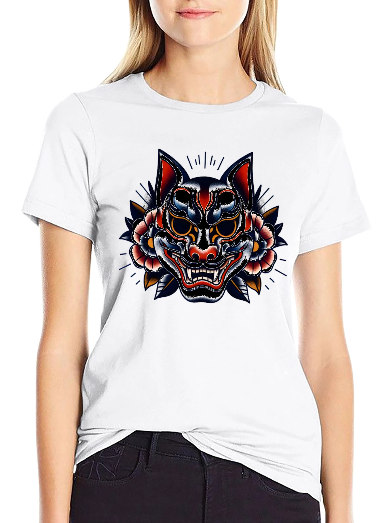Mens Black T-Shirt with Oni Mask Graphic