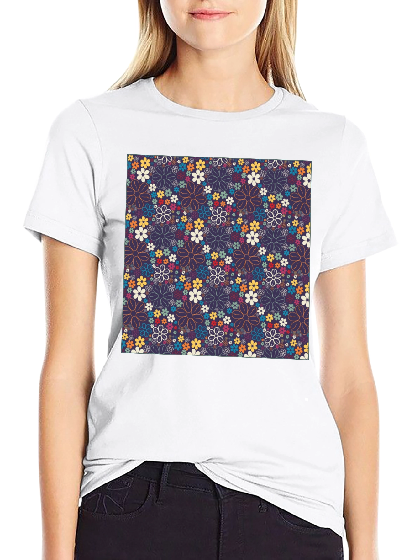 Floral Print Crew Neck T-Shirt - Black