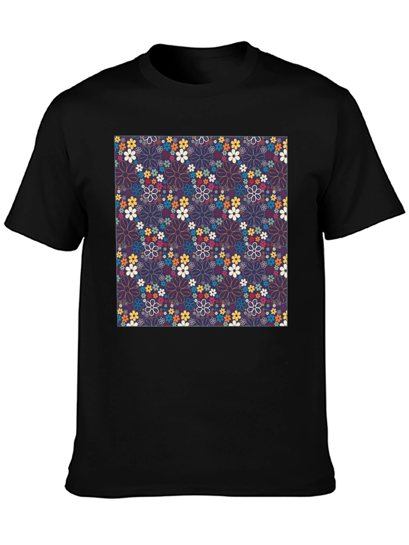 Floral Print Crew Neck T-Shirt - Black