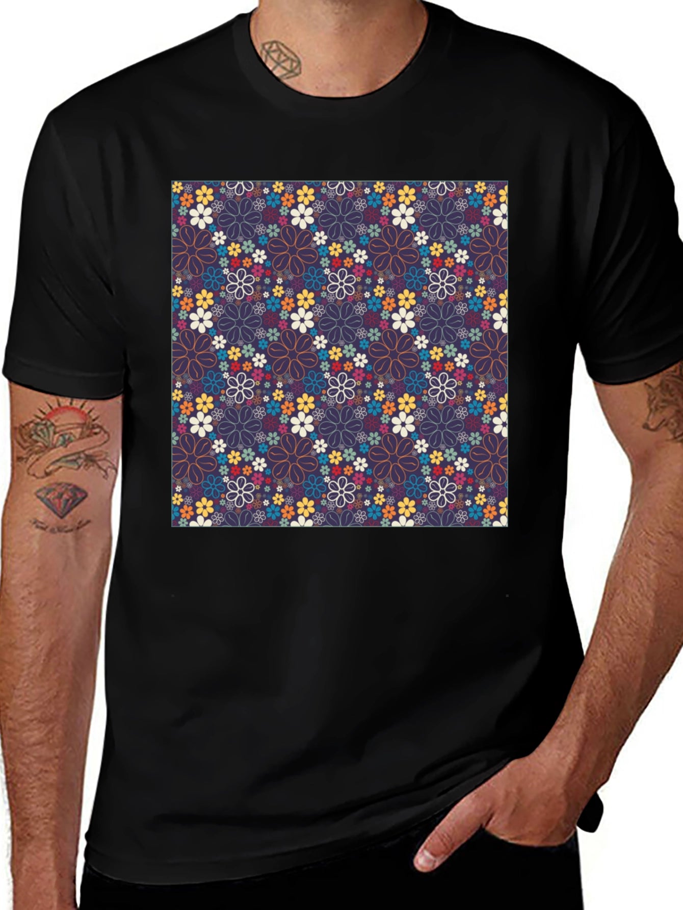 Floral Print Crew Neck T-Shirt - Black