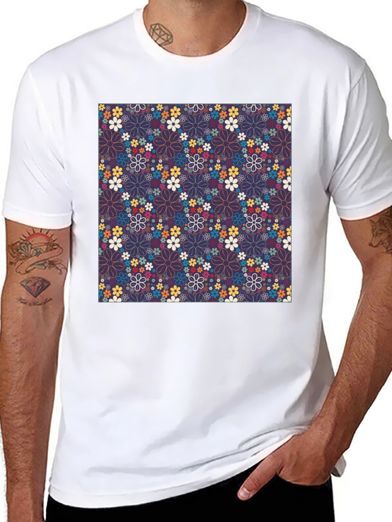 Floral Print Crew Neck T-Shirt - Black