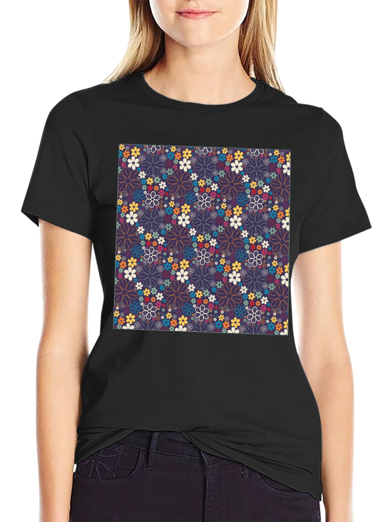 Floral Print Crew Neck T-Shirt - Black