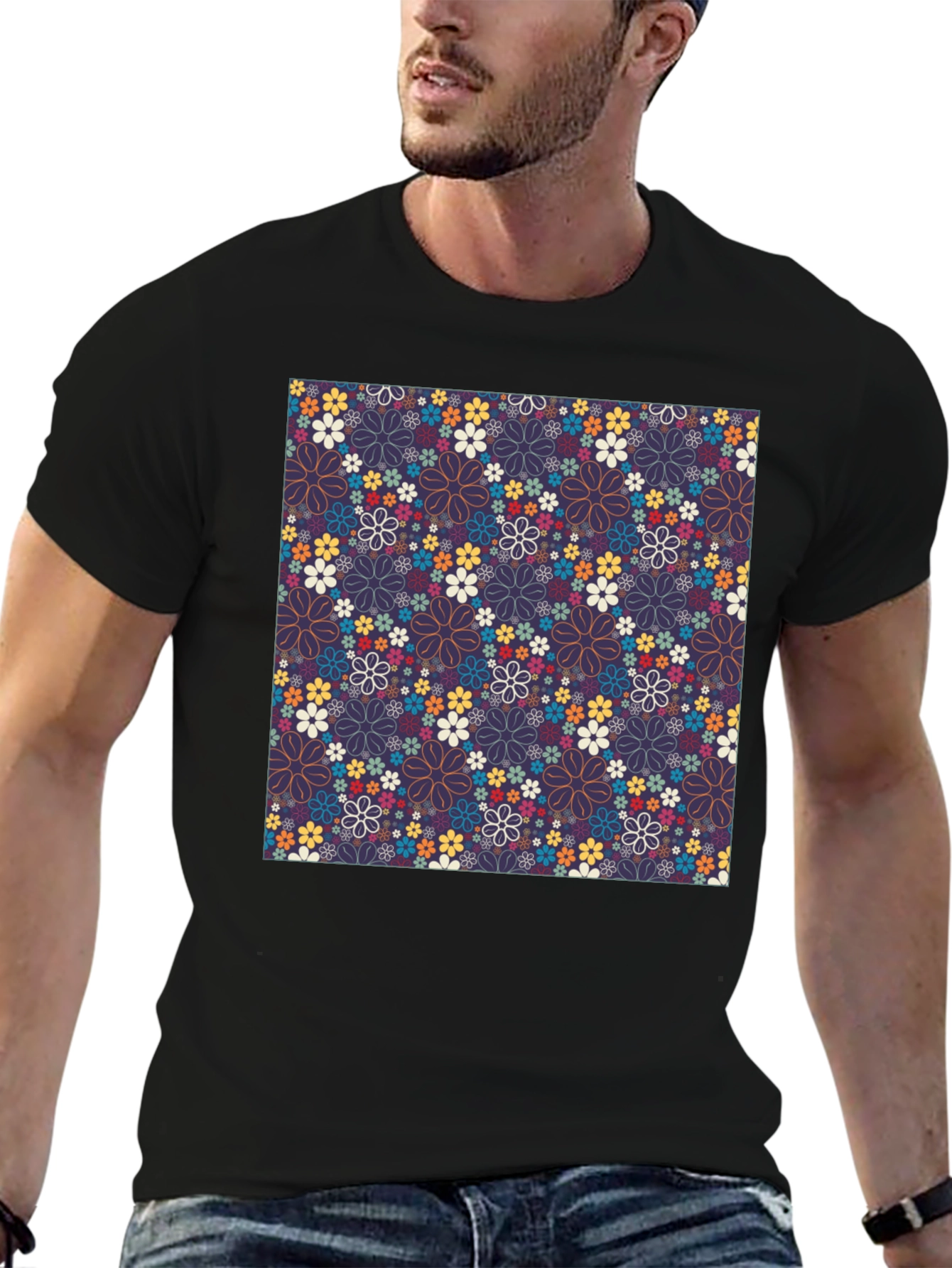 Floral Print Crew Neck T-Shirt - Black