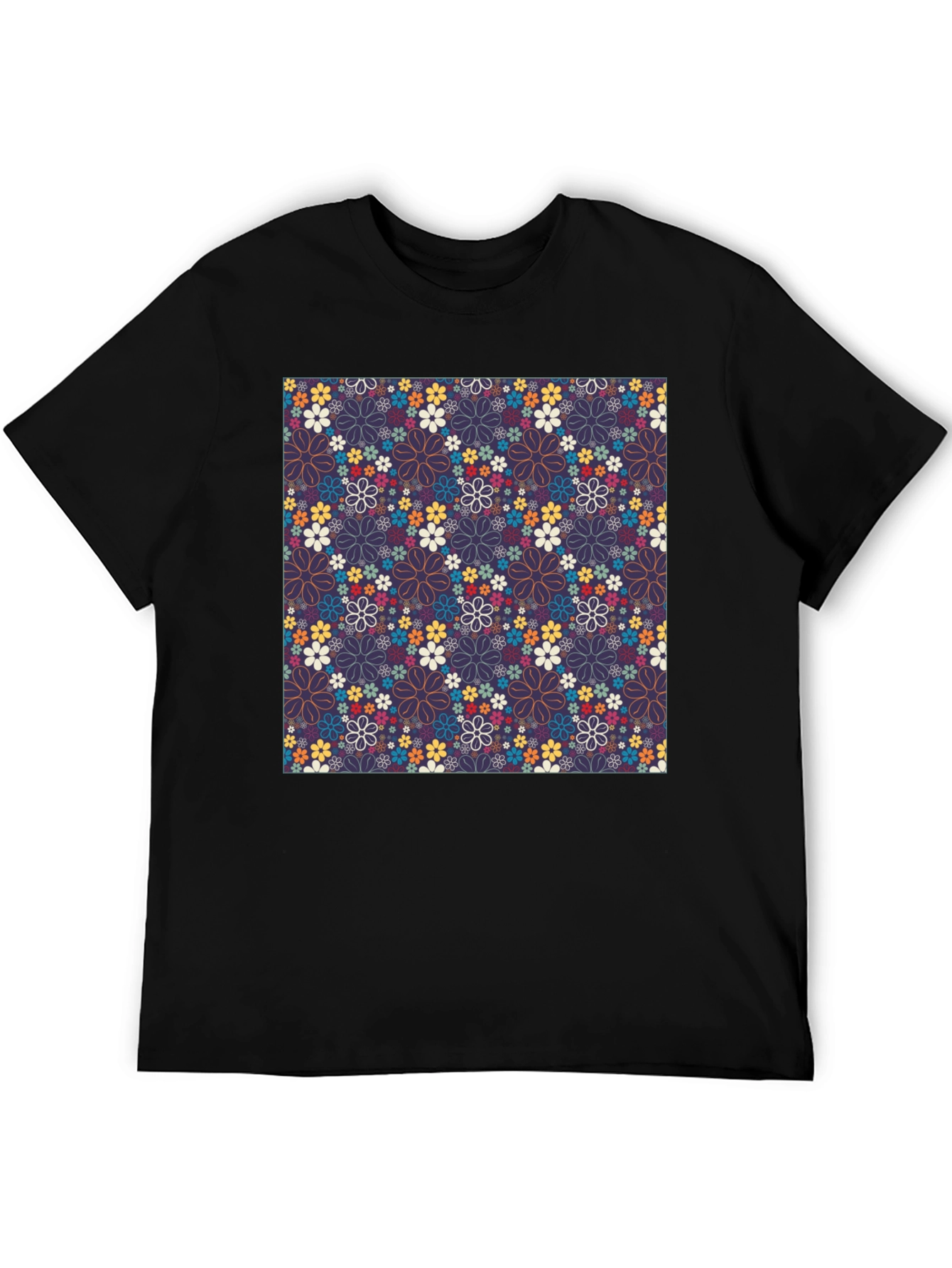 Floral Print Crew Neck T-Shirt - Black