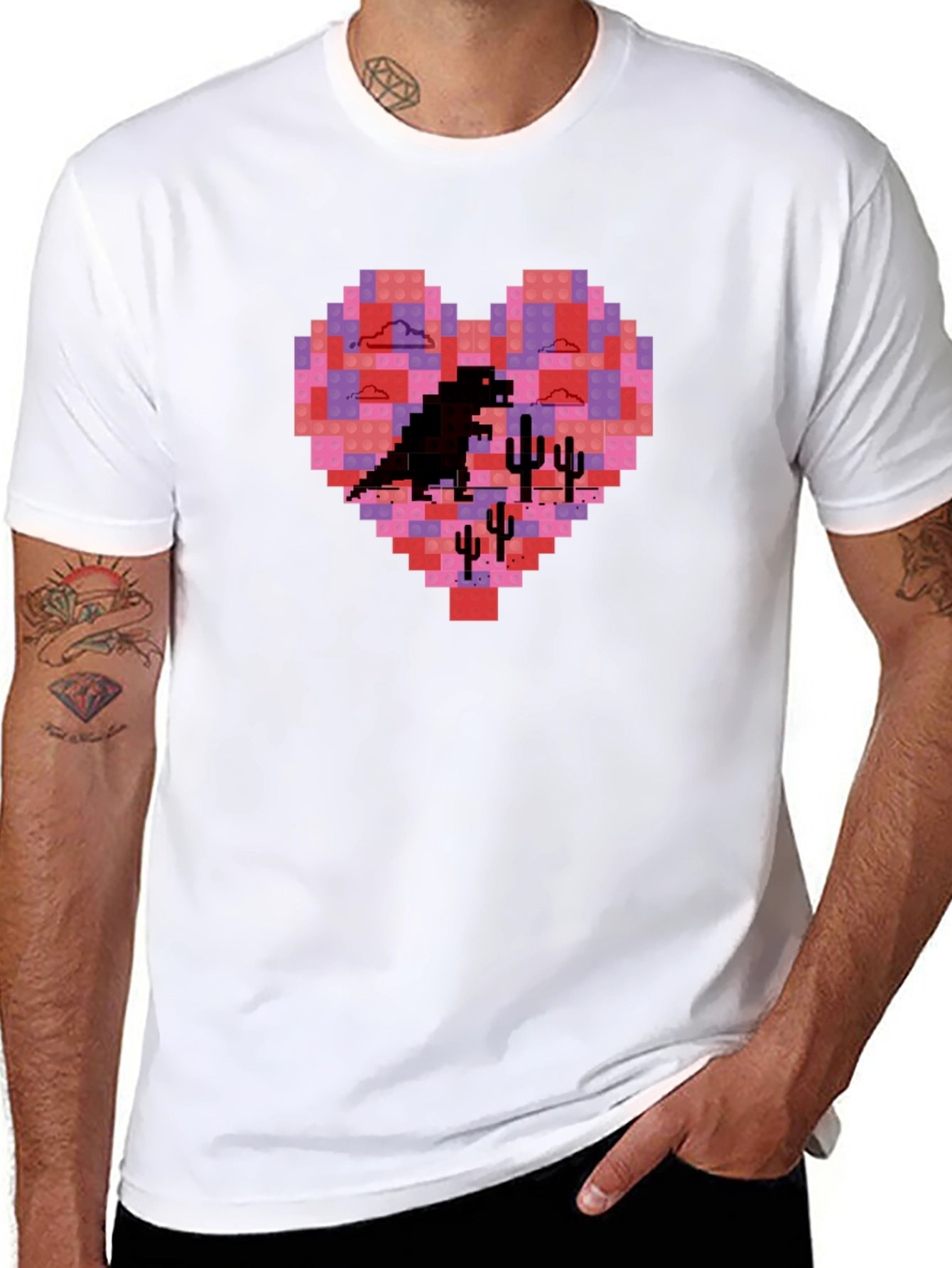 Pixel Heart Dinosaur Graphic Tee - Soft Cotton Blend