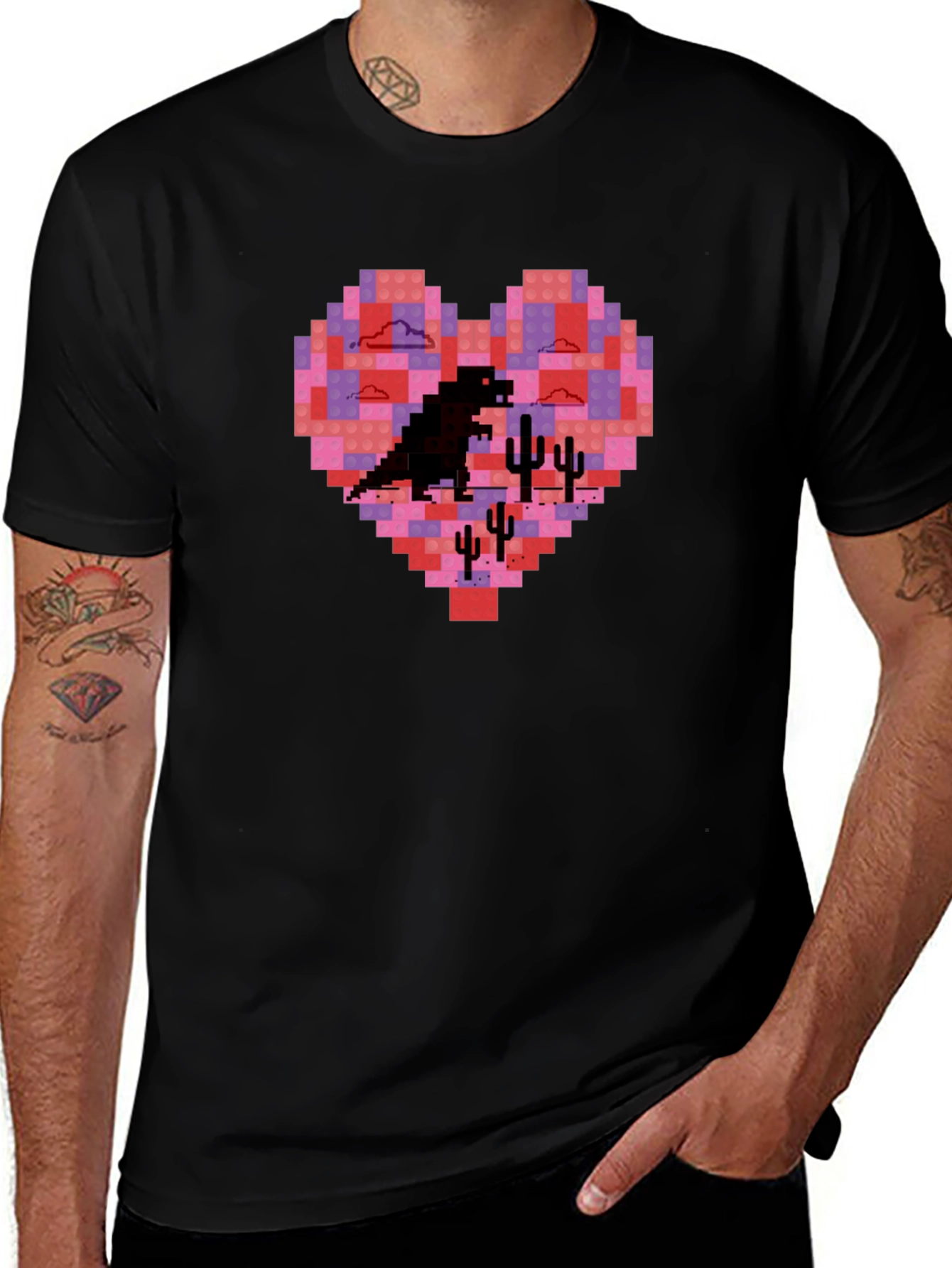 Pixel Heart Dinosaur Graphic Tee - Soft Cotton Blend