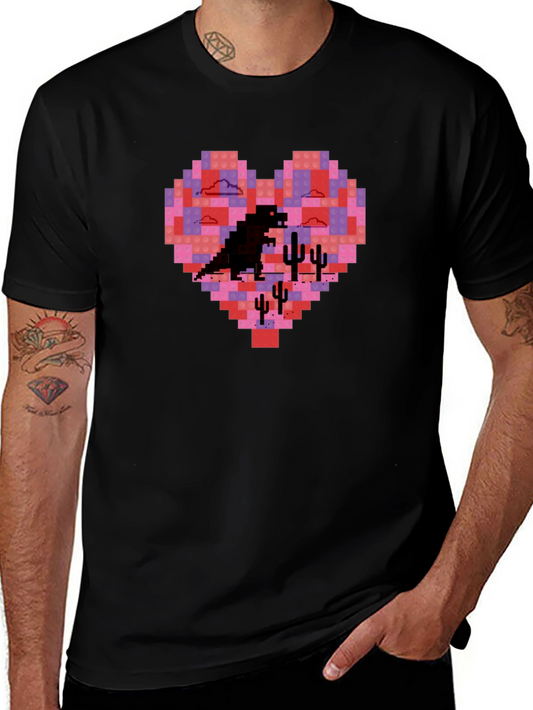 Pixel Heart Dinosaur Graphic Tee - Soft Cotton Blend