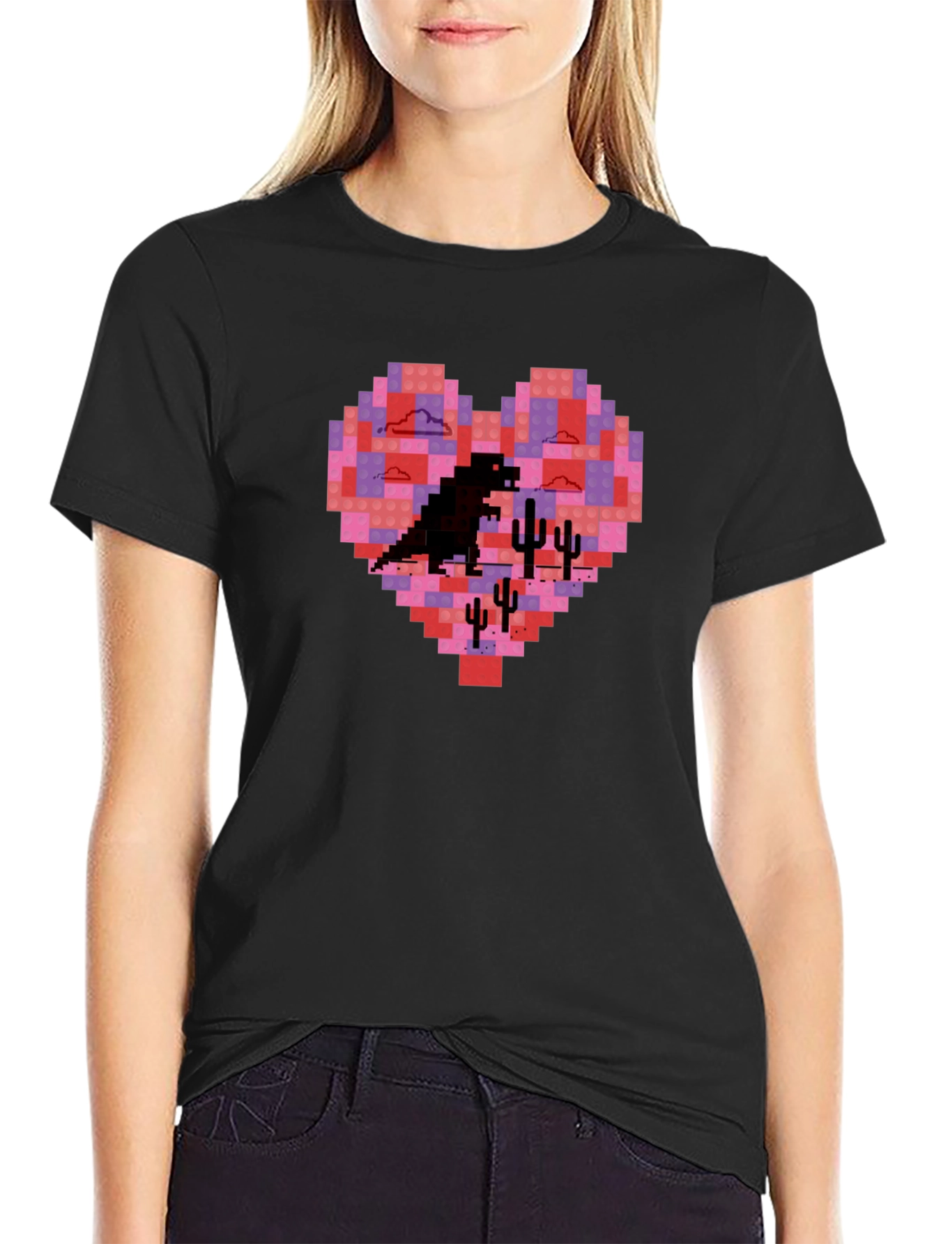 Pixel Heart Dinosaur Graphic Tee - Soft Cotton Blend