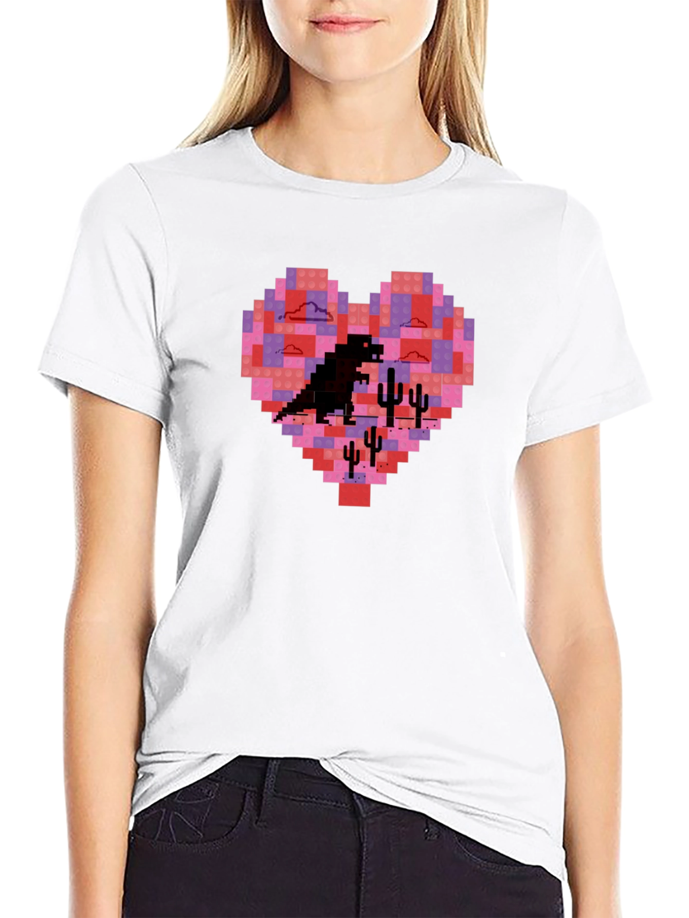Pixel Heart Dinosaur Graphic Tee - Soft Cotton Blend