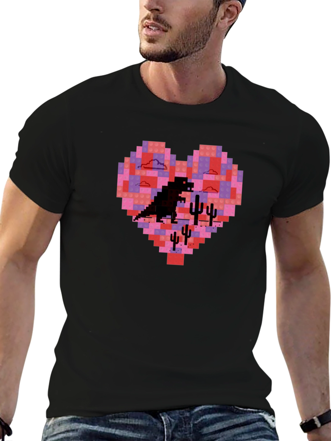 Pixel Heart Dinosaur Graphic Tee - Soft Cotton Blend