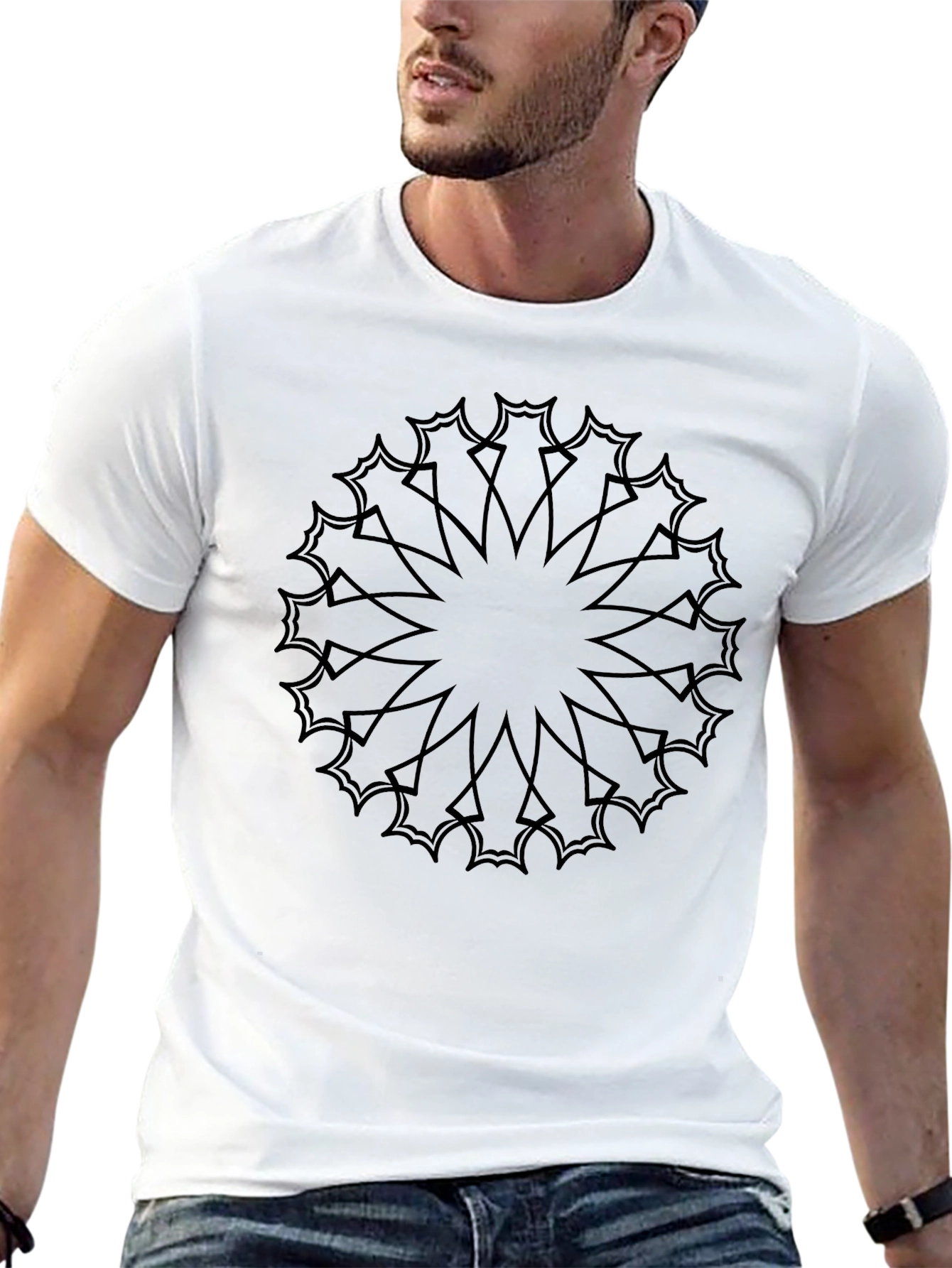 Mens Black T-Shirt with Geometric Mandala Print