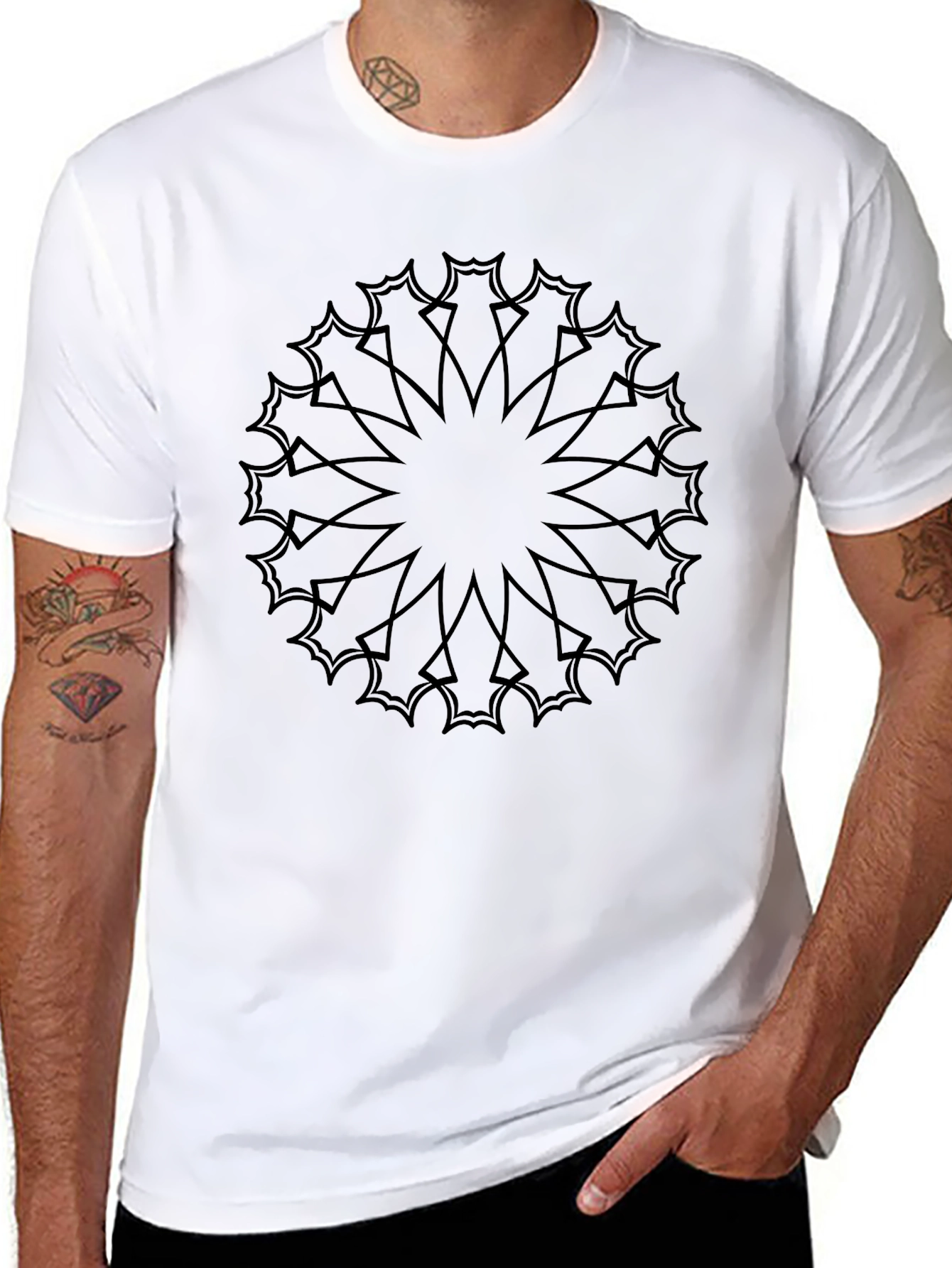 Mens Black T-Shirt with Geometric Mandala Print