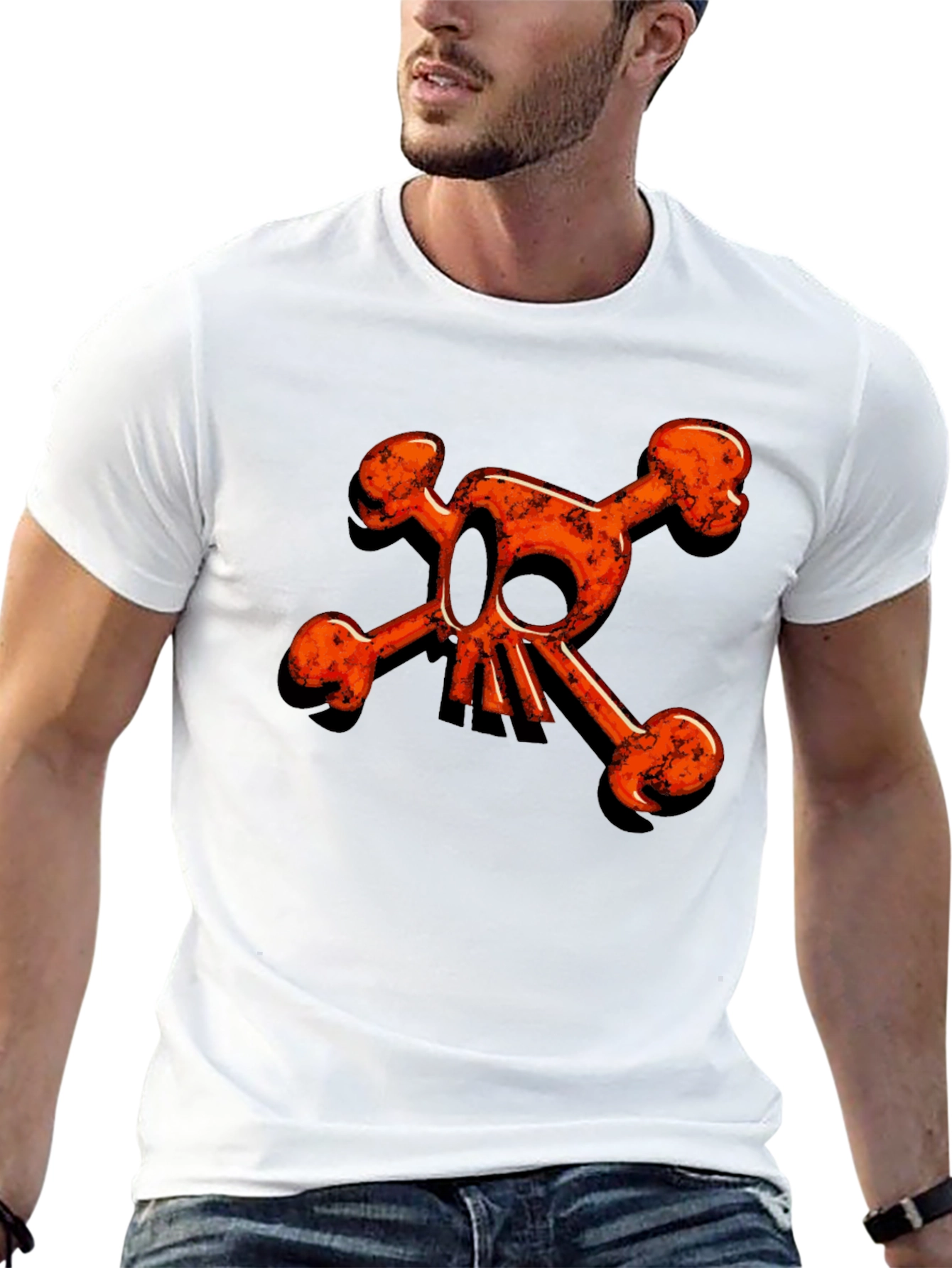 Edgy Orange Skull & Crossbones Graphic Black Tee