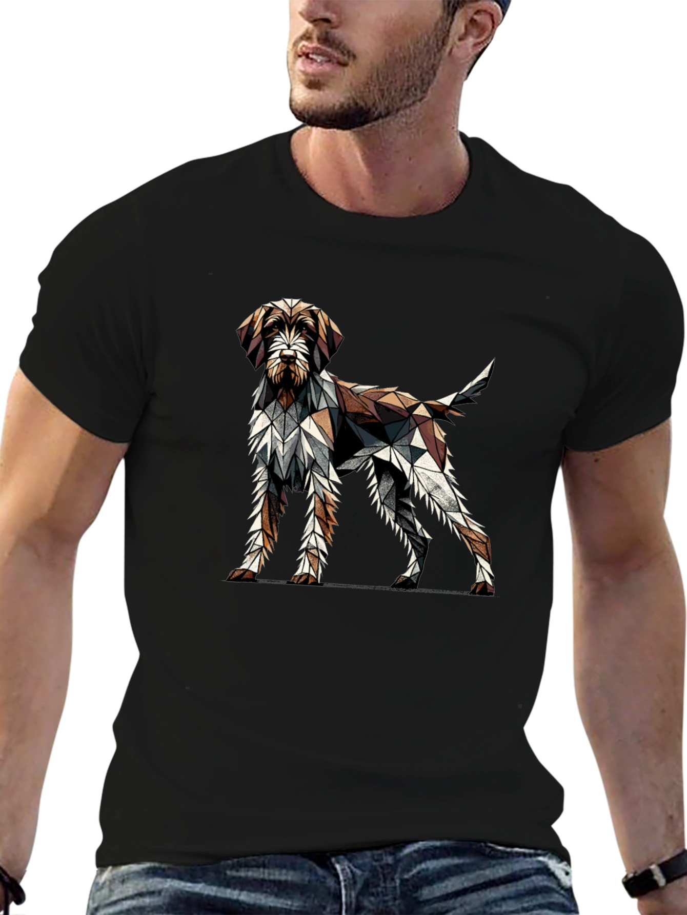 Geometric Dog Graphic T-Shirt - Mens Black Crew Neck