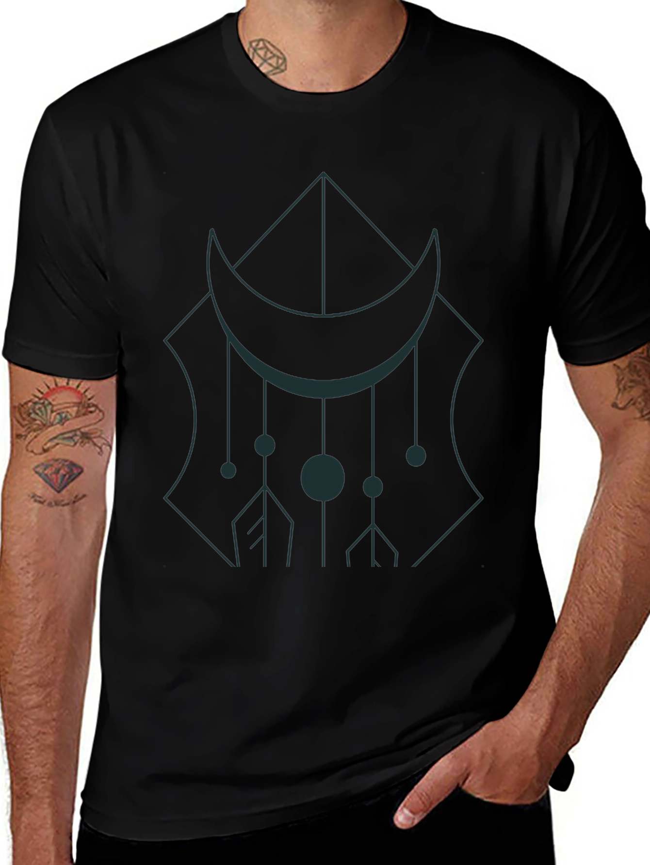 Geometric Moon Graphic Tee - Black Cotton Casual Wear