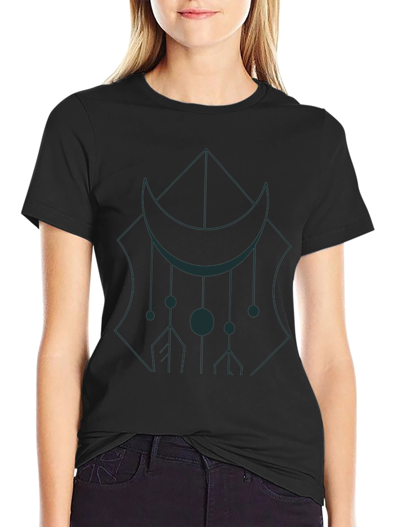 Geometric Moon Graphic Tee - Black Cotton Casual Wear