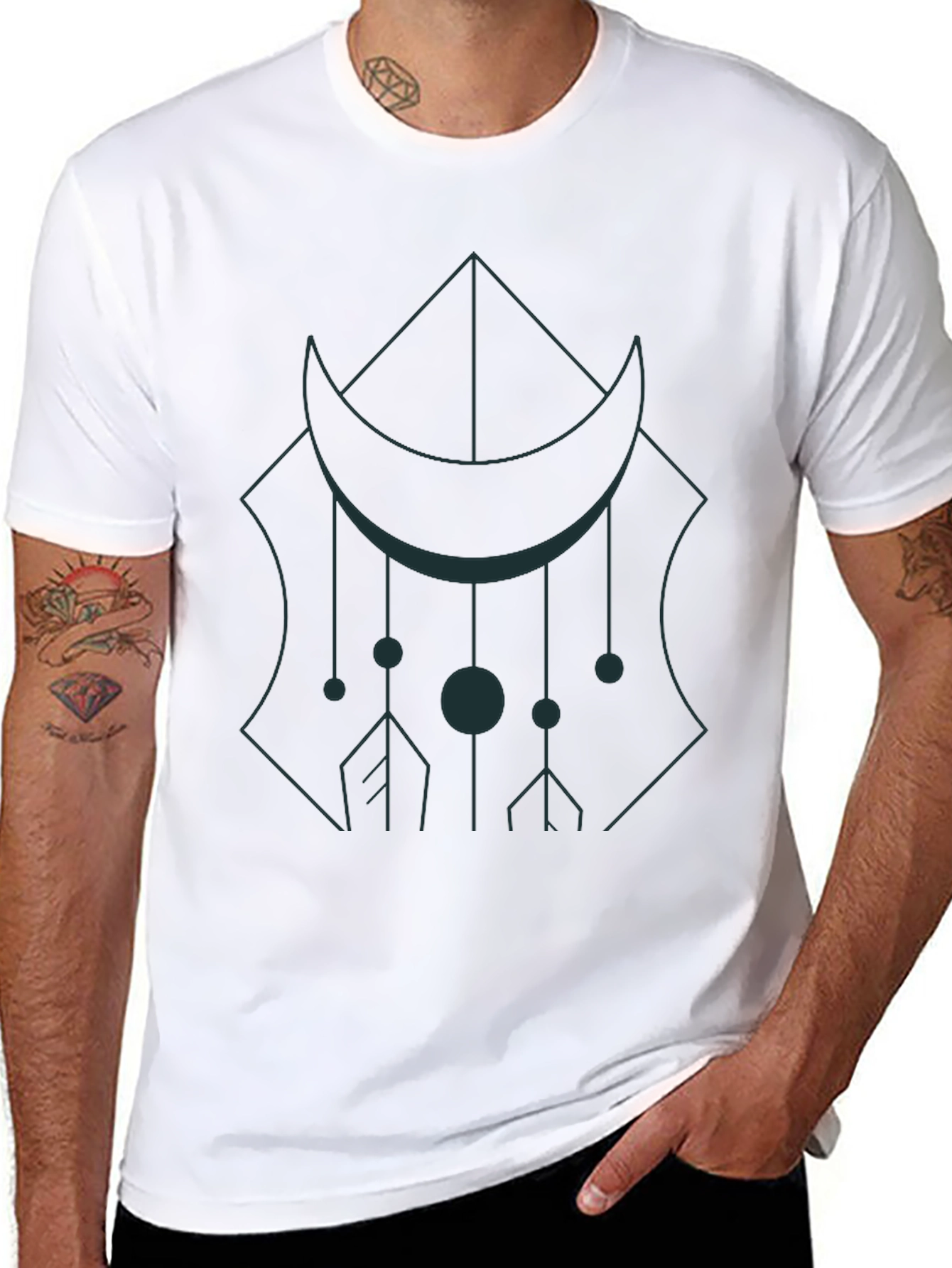 Geometric Moon Graphic Tee - Black Cotton Casual Wear