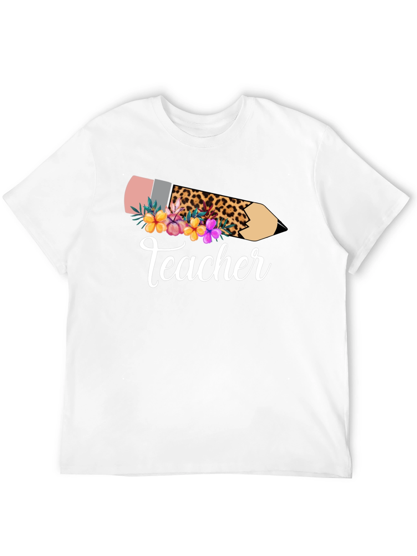 Teacher Leopard Pencil Floral Black T-Shirt