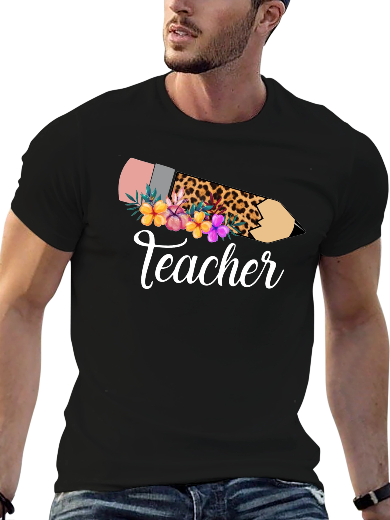 Teacher Leopard Pencil Floral Black T-Shirt