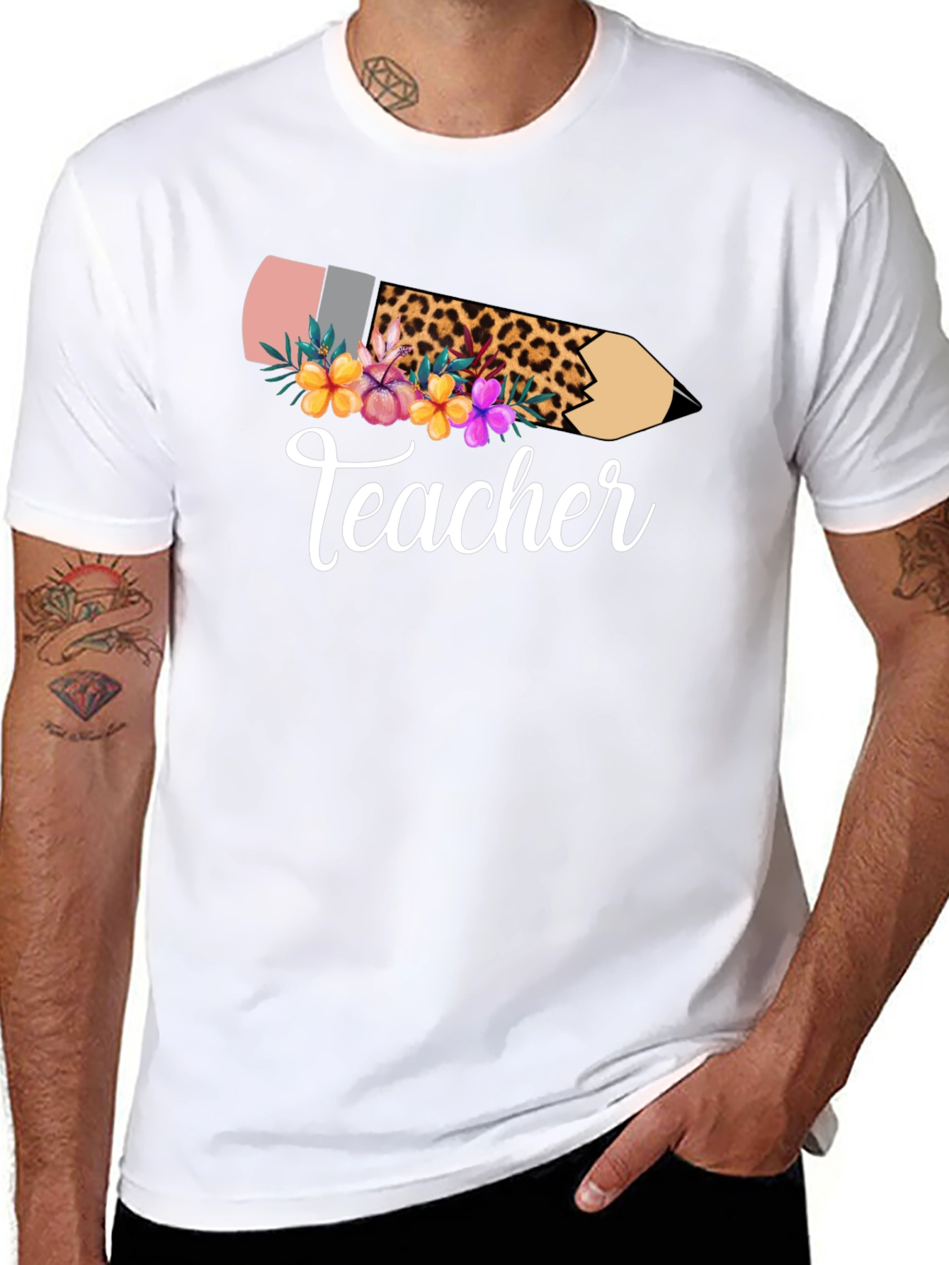 Teacher Leopard Pencil Floral Black T-Shirt