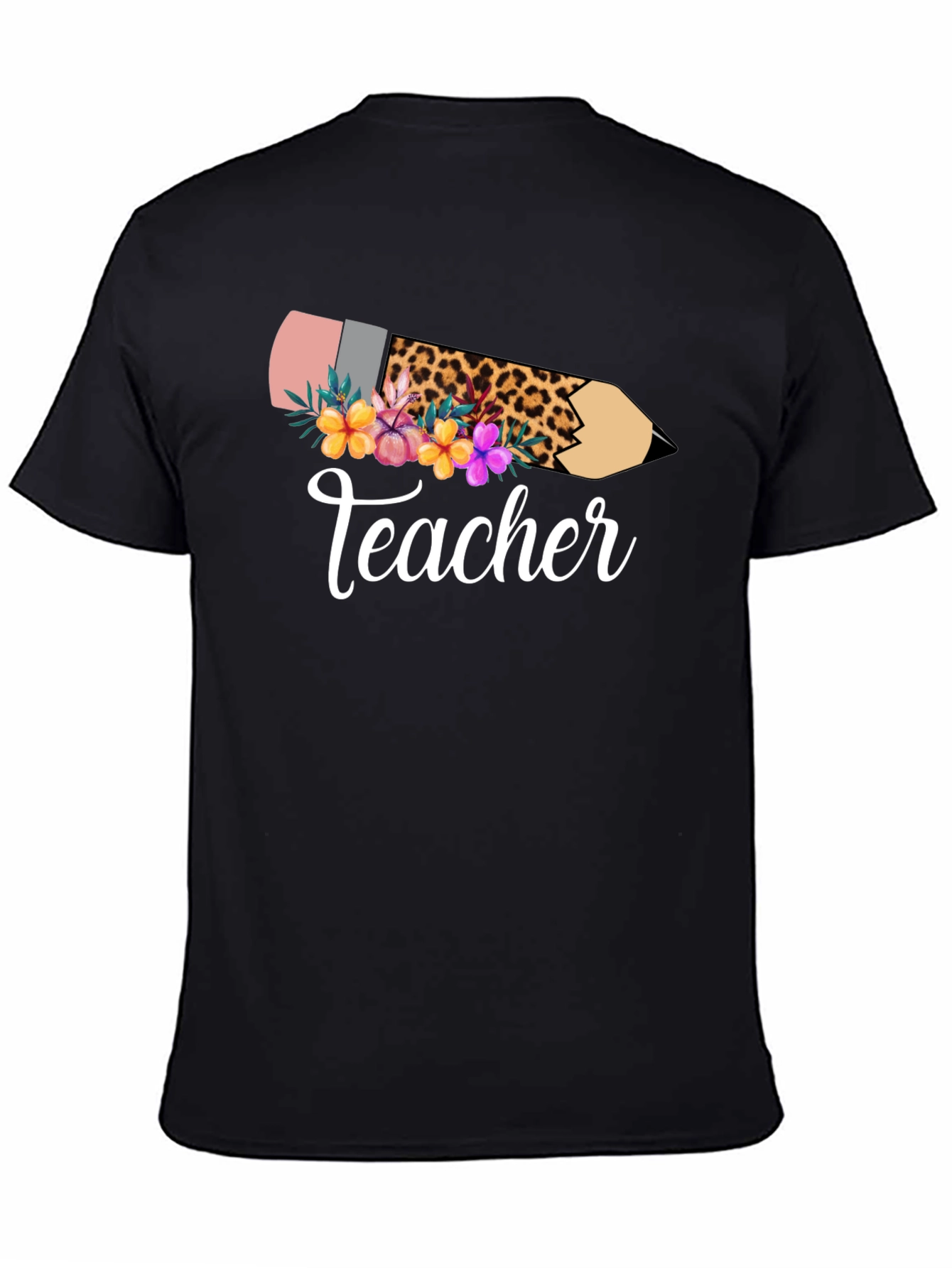 Teacher Leopard Pencil Floral Black T-Shirt