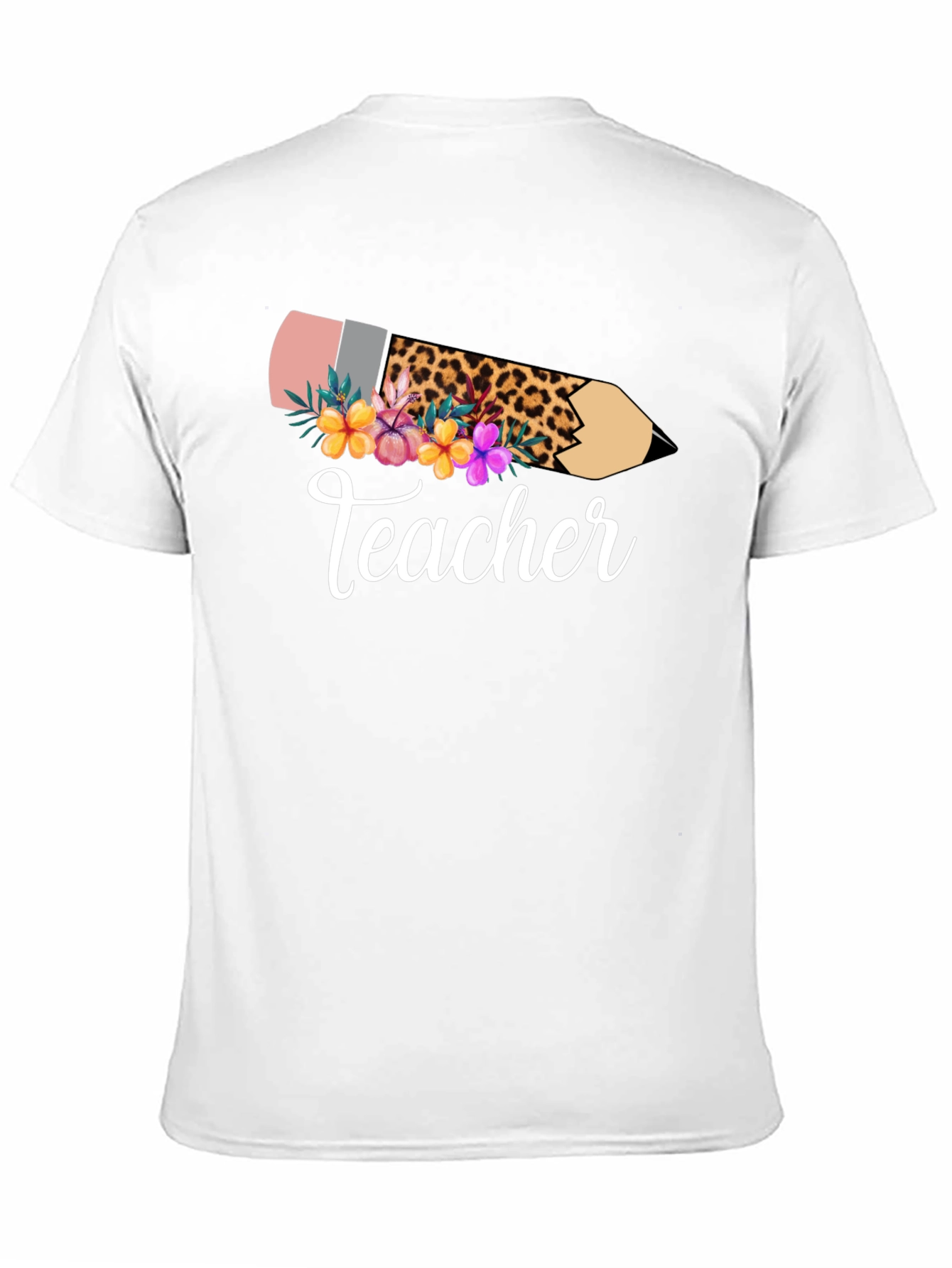 Teacher Leopard Pencil Floral Black T-Shirt