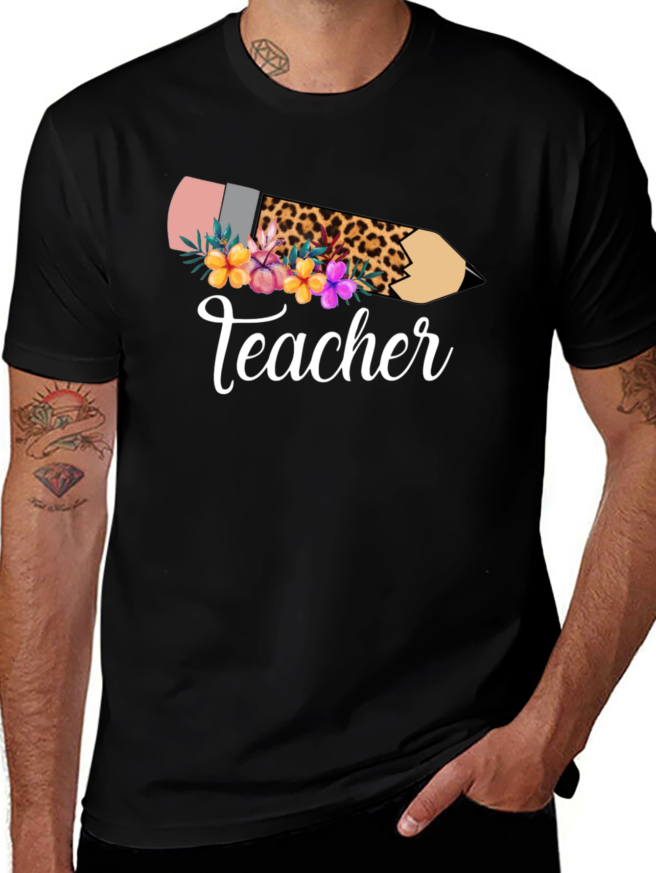 Teacher Leopard Pencil Floral Black T-Shirt