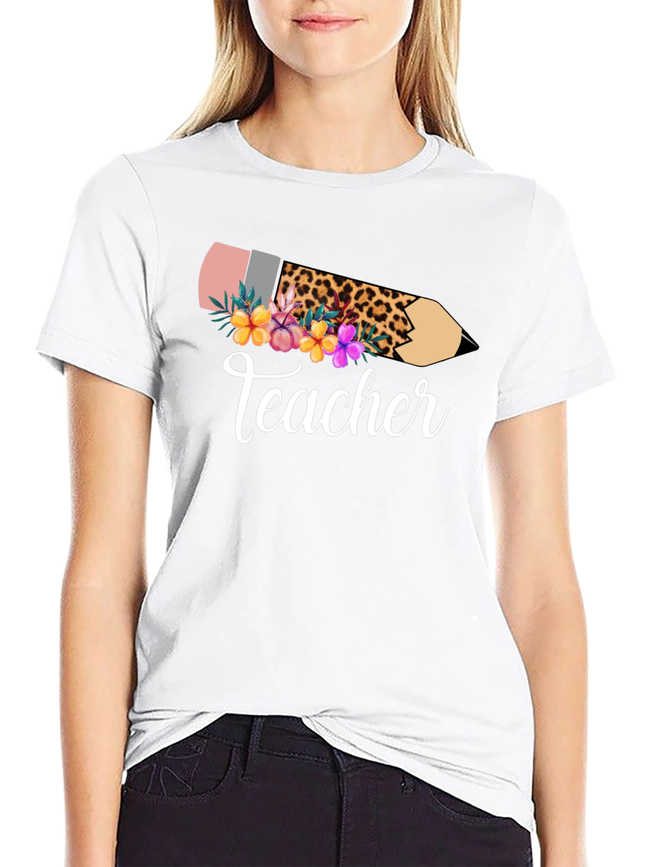 Teacher Leopard Pencil Floral Black T-Shirt
