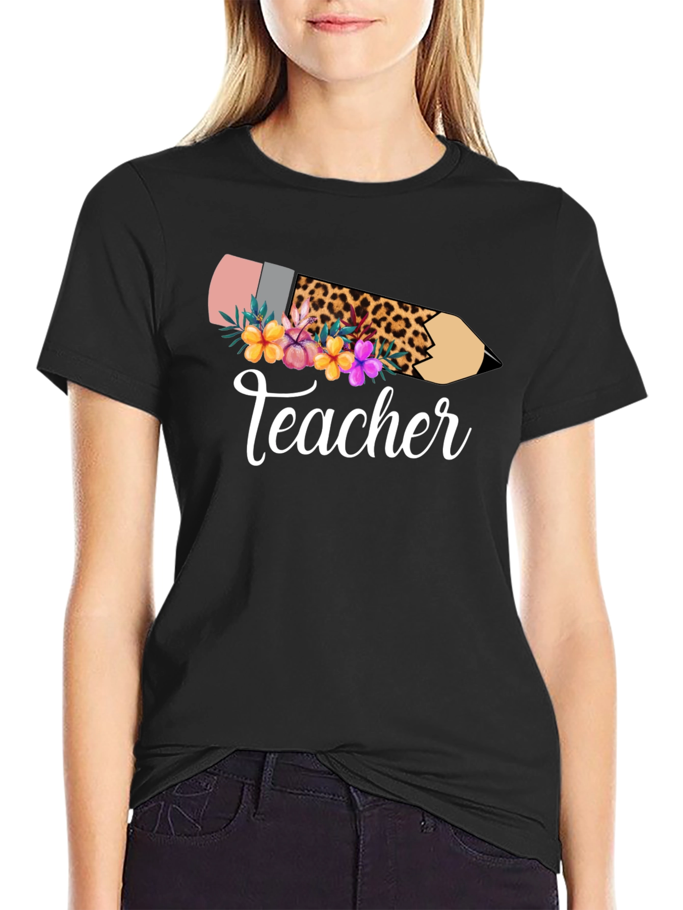 Teacher Leopard Pencil Floral Black T-Shirt
