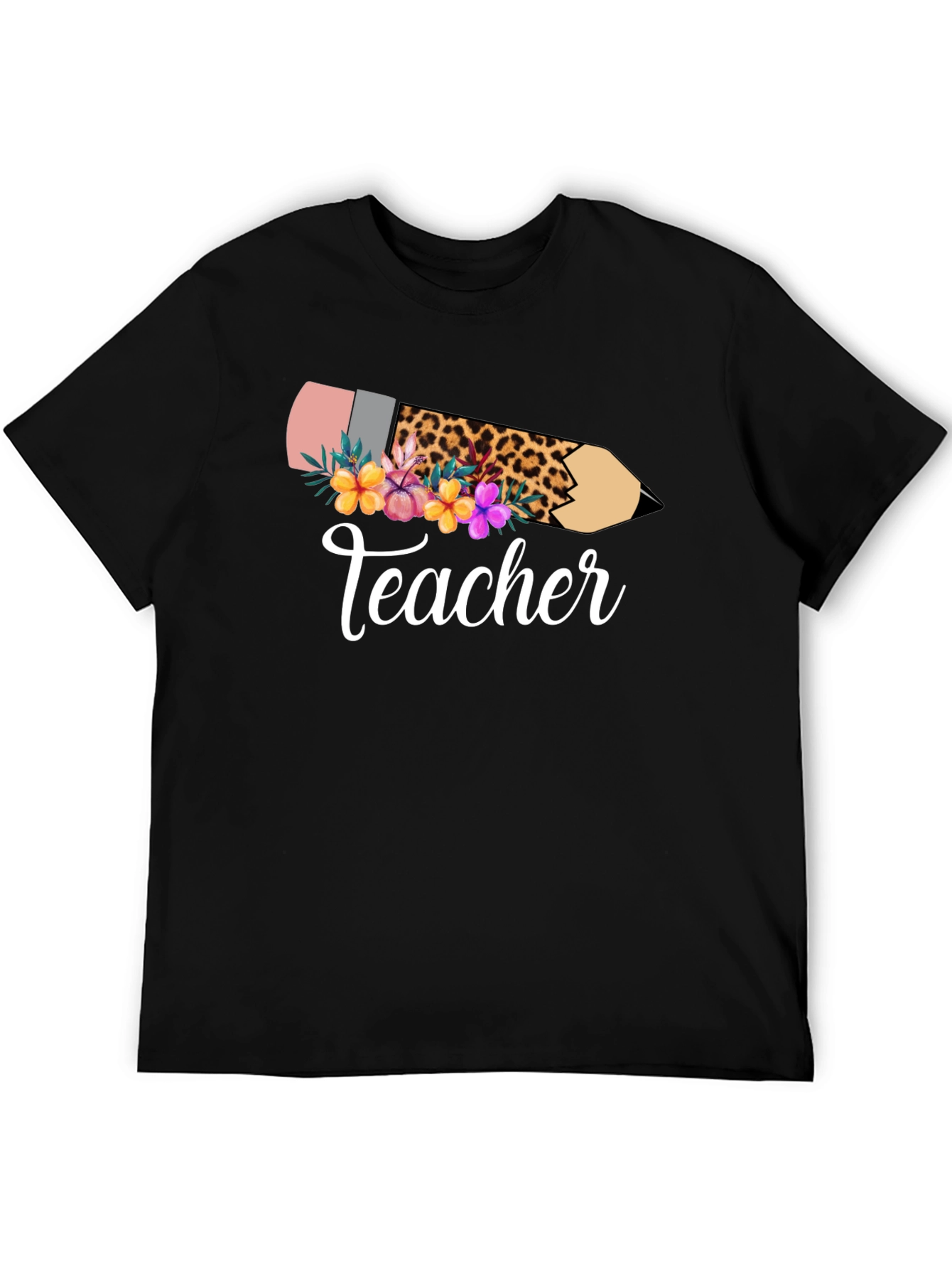 Teacher Leopard Pencil Floral Black T-Shirt