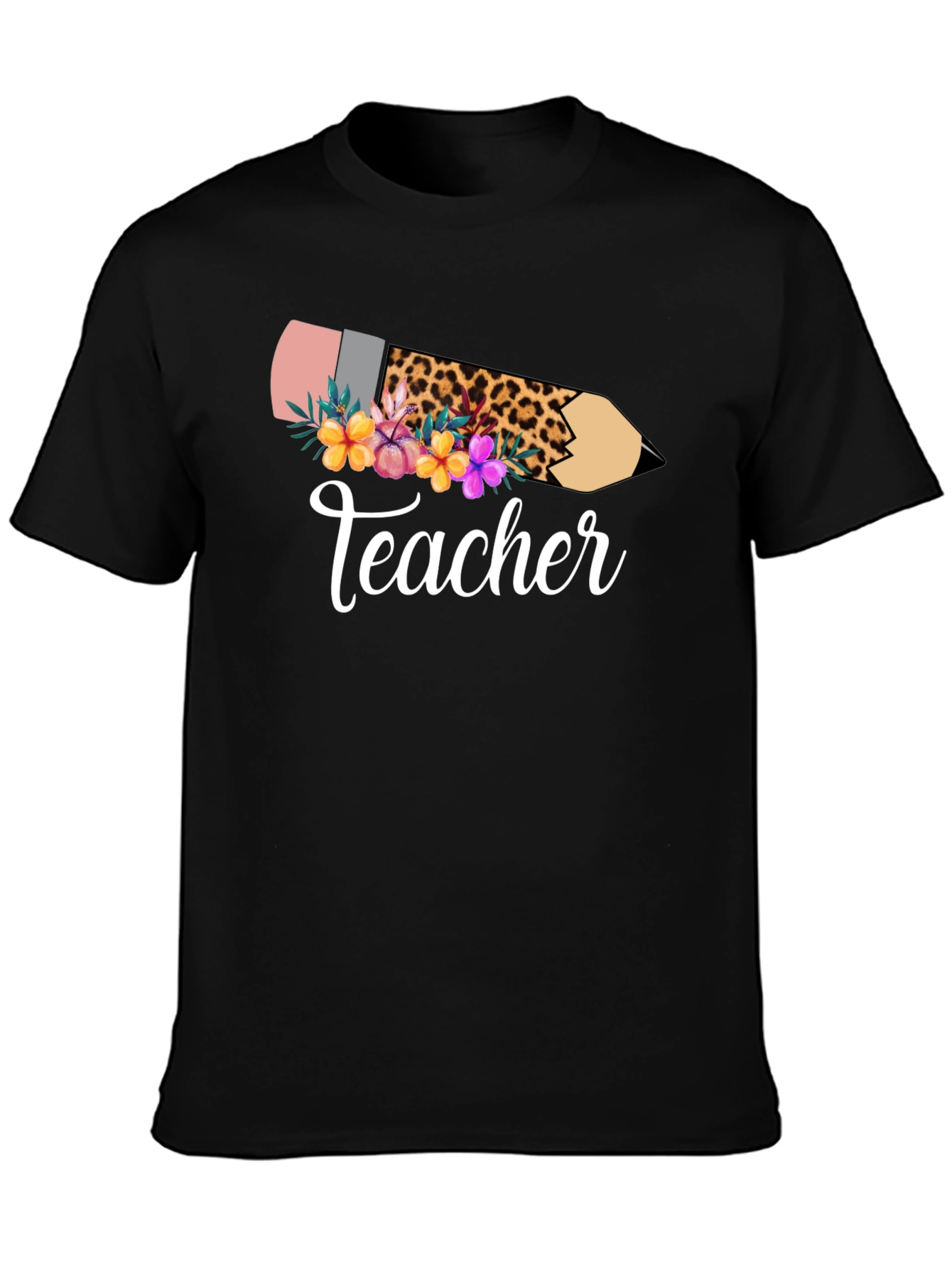 Teacher Leopard Pencil Floral Black T-Shirt