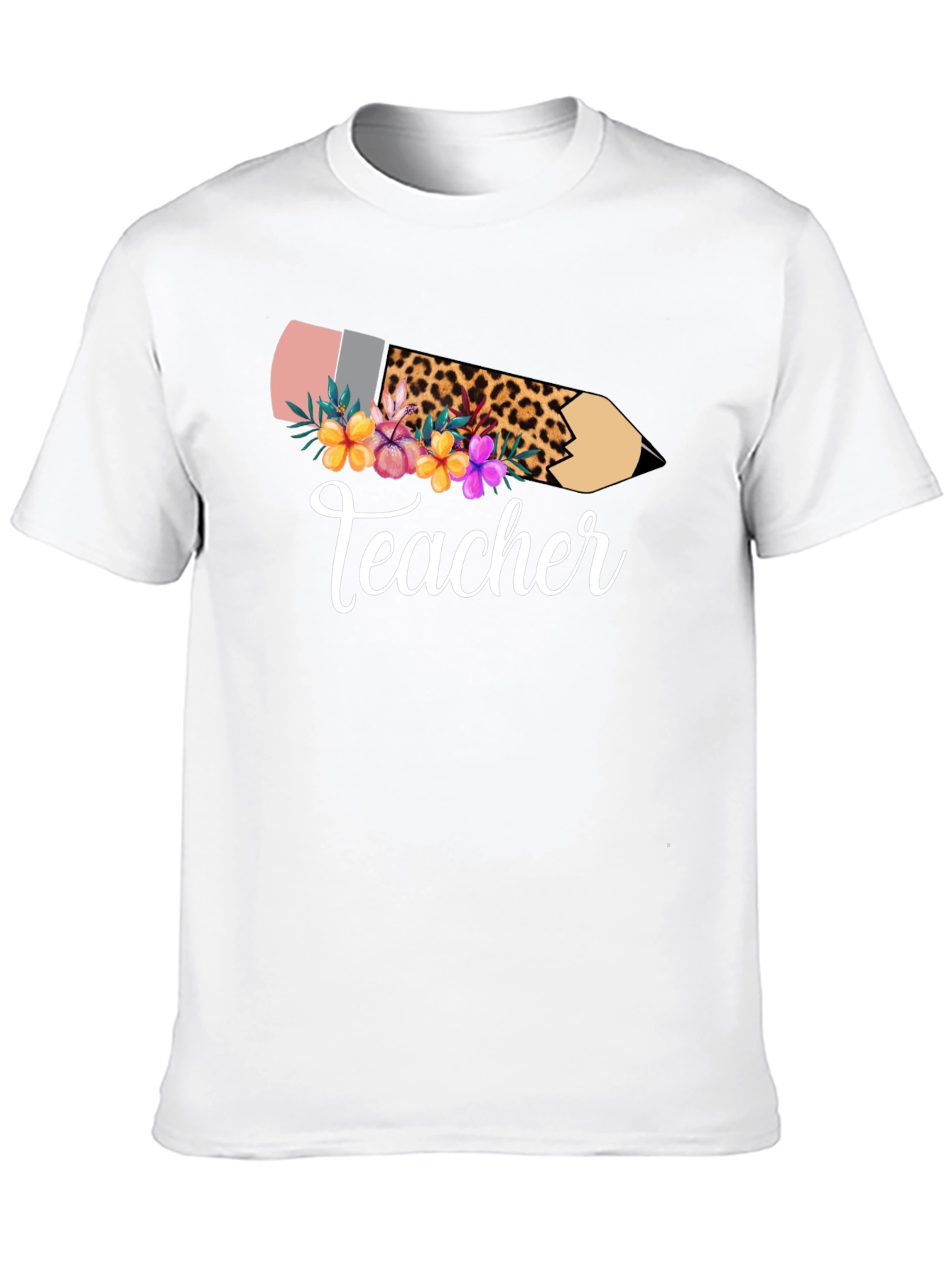 Teacher Leopard Pencil Floral Black T-Shirt