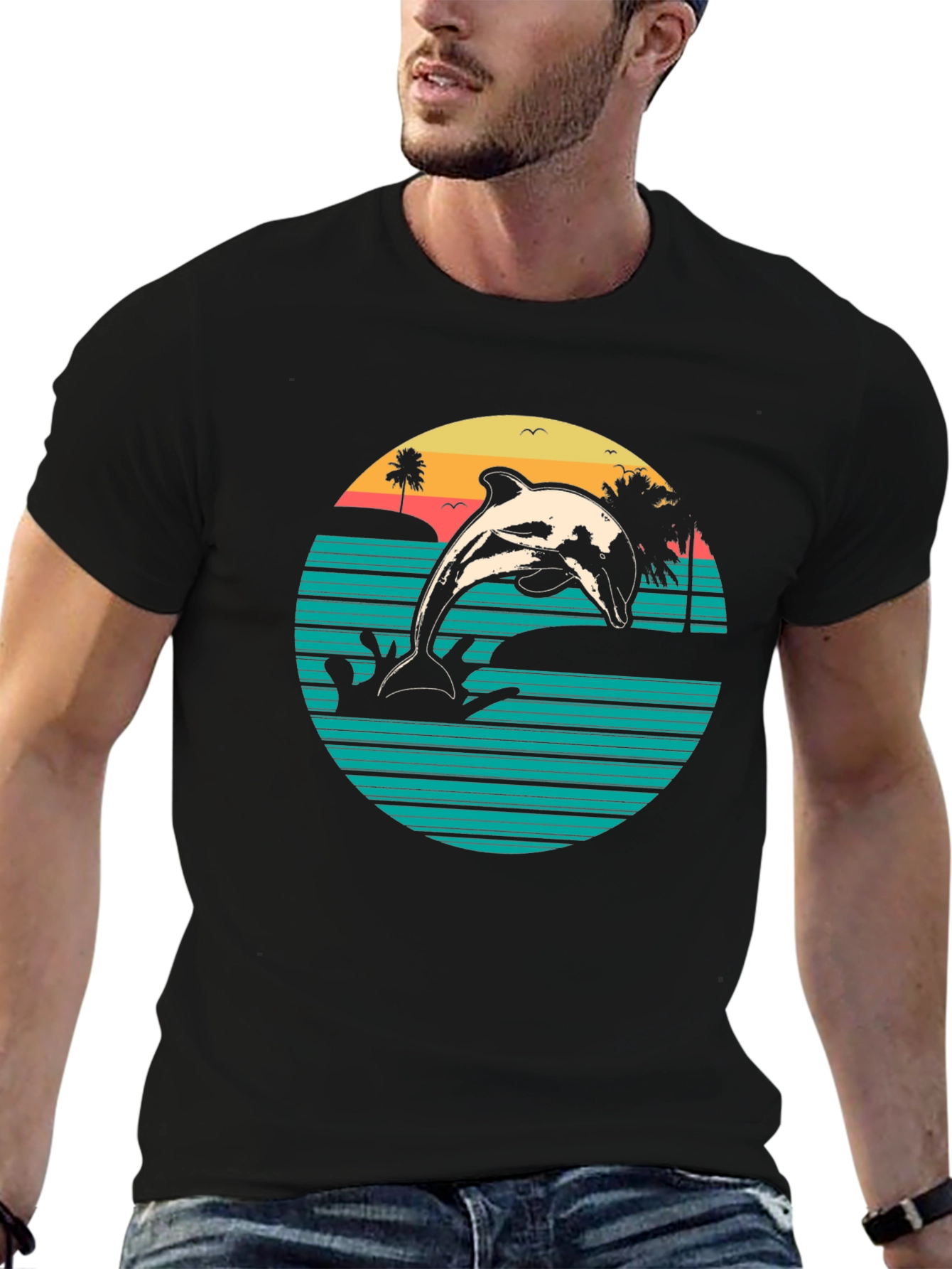 Retro Dolphin Beach Sunset Graphic T-Shirt