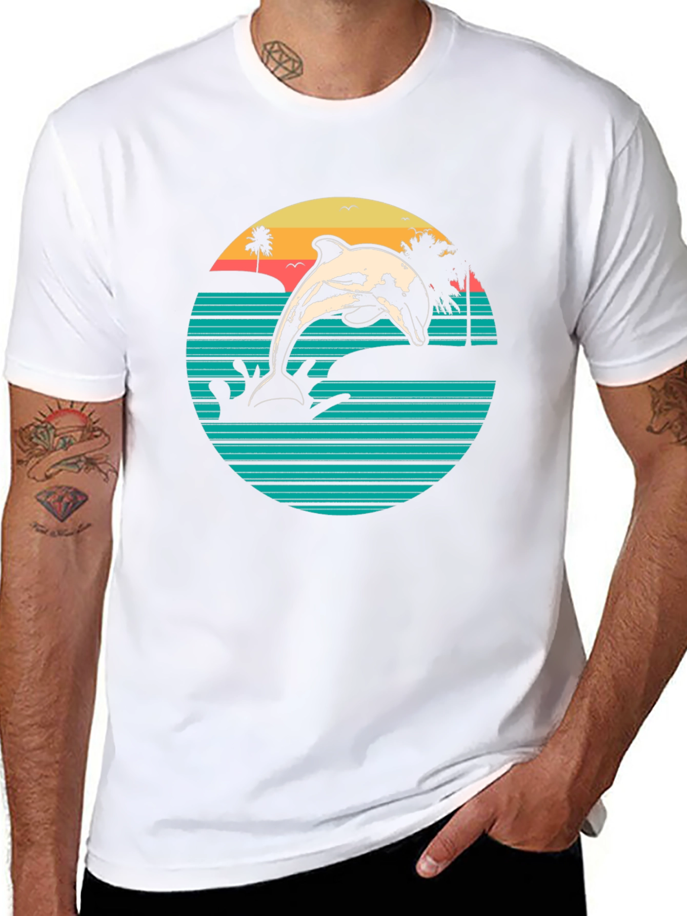 Retro Dolphin Beach Sunset Graphic T-Shirt